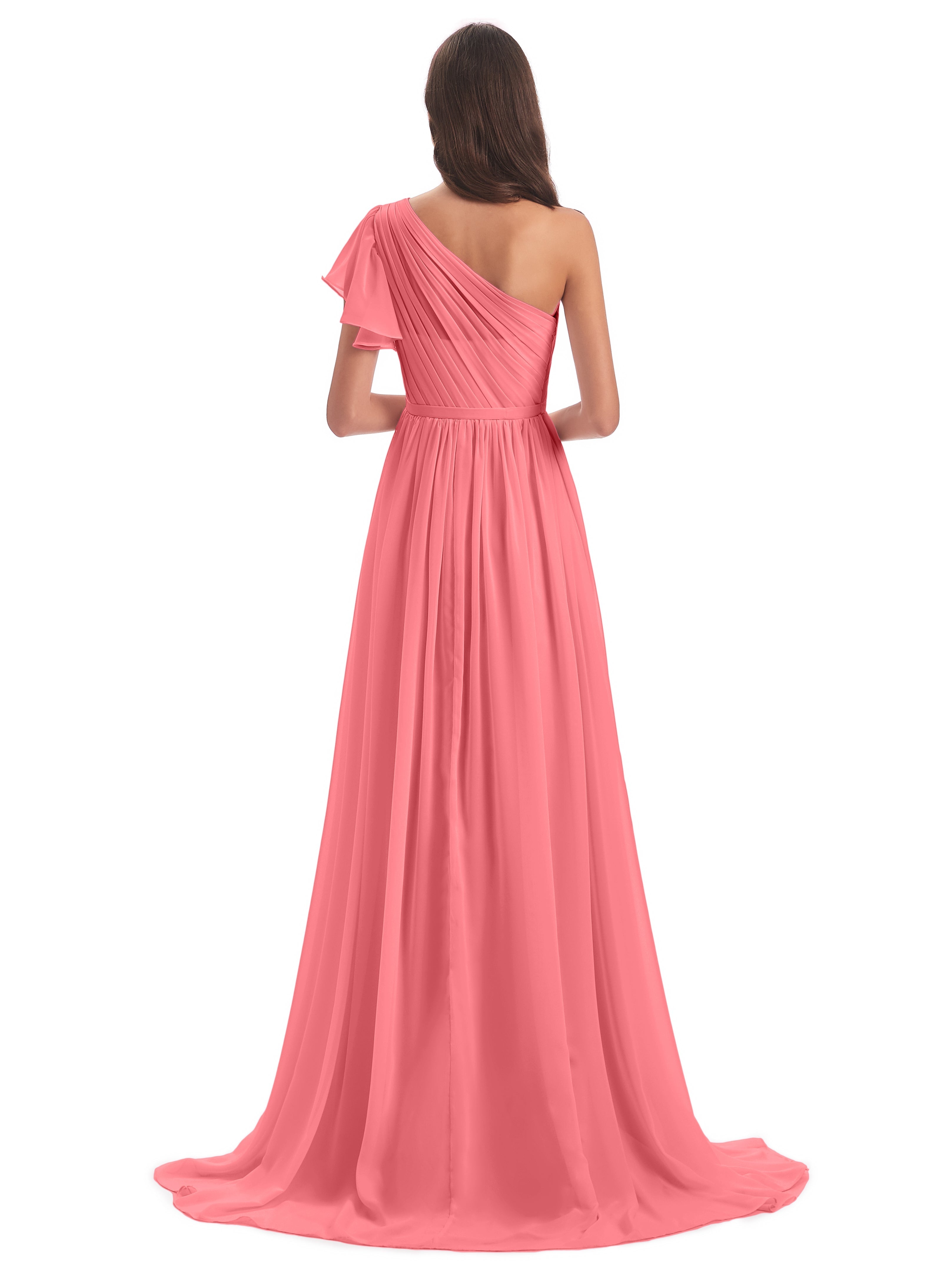 Robes De Demoiselle D'Honneur Pastèque Balayage/Pinceau Traîne Seule-Épaule Robes Demoiselle D'Honneur