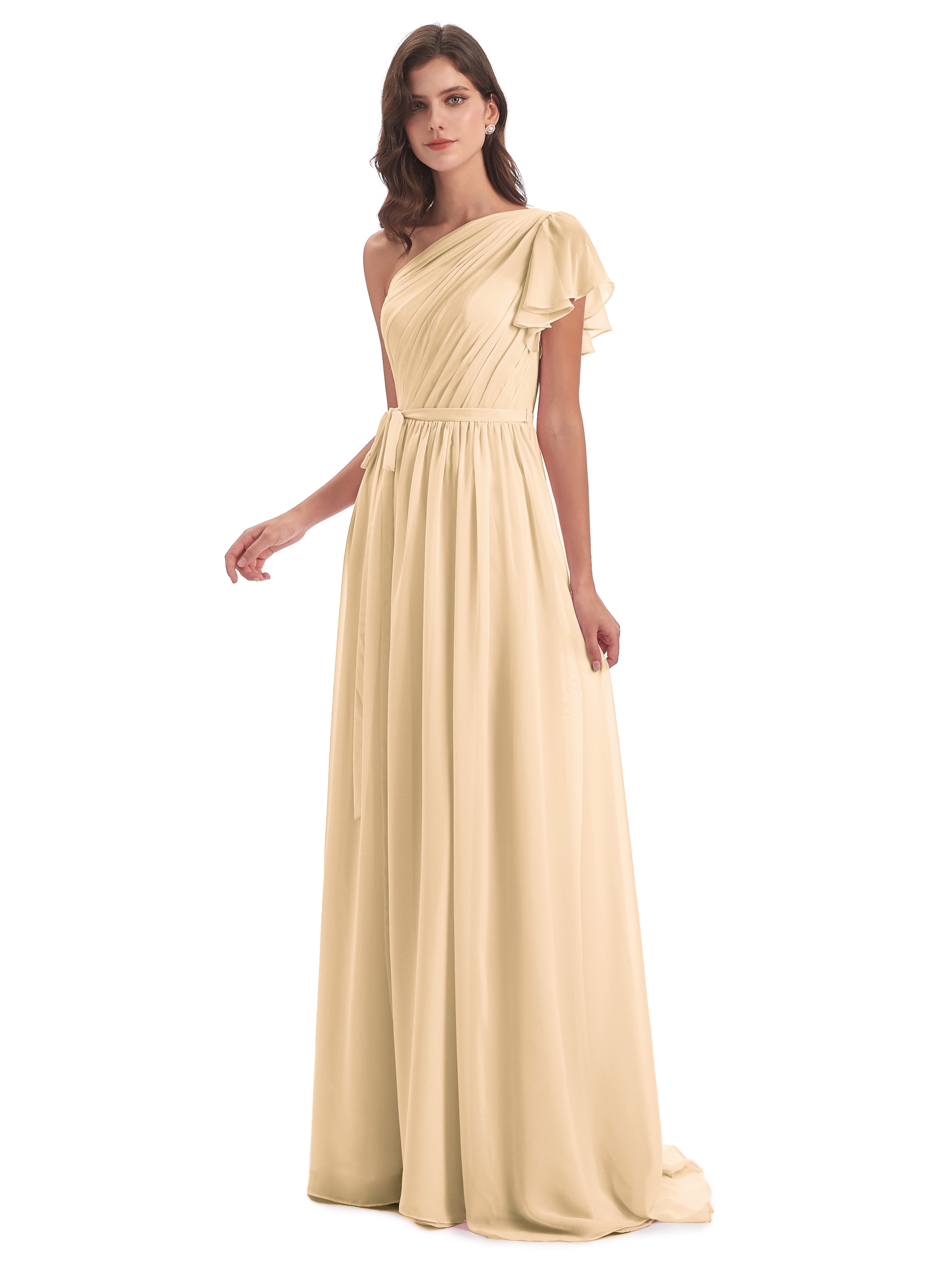 Robe De Demoiselle D Honneur Peche Balayage/Pinceau Traîne Seule-Épaule Robes Demoiselle D'Honneur