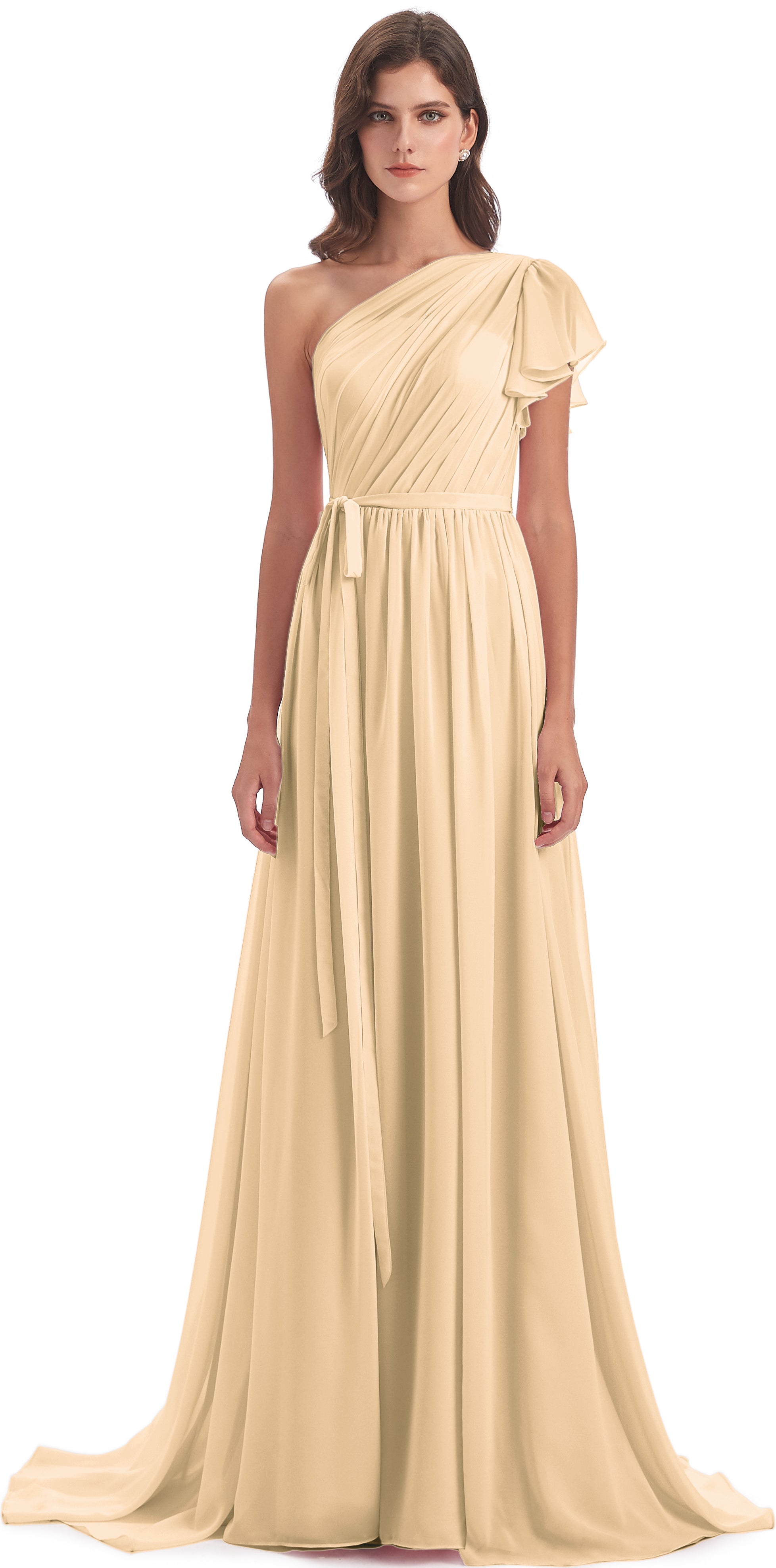 Robe De Demoiselle D Honneur Peche Balayage/Pinceau Traîne Seule-Épaule Robes Demoiselle D'Honneur