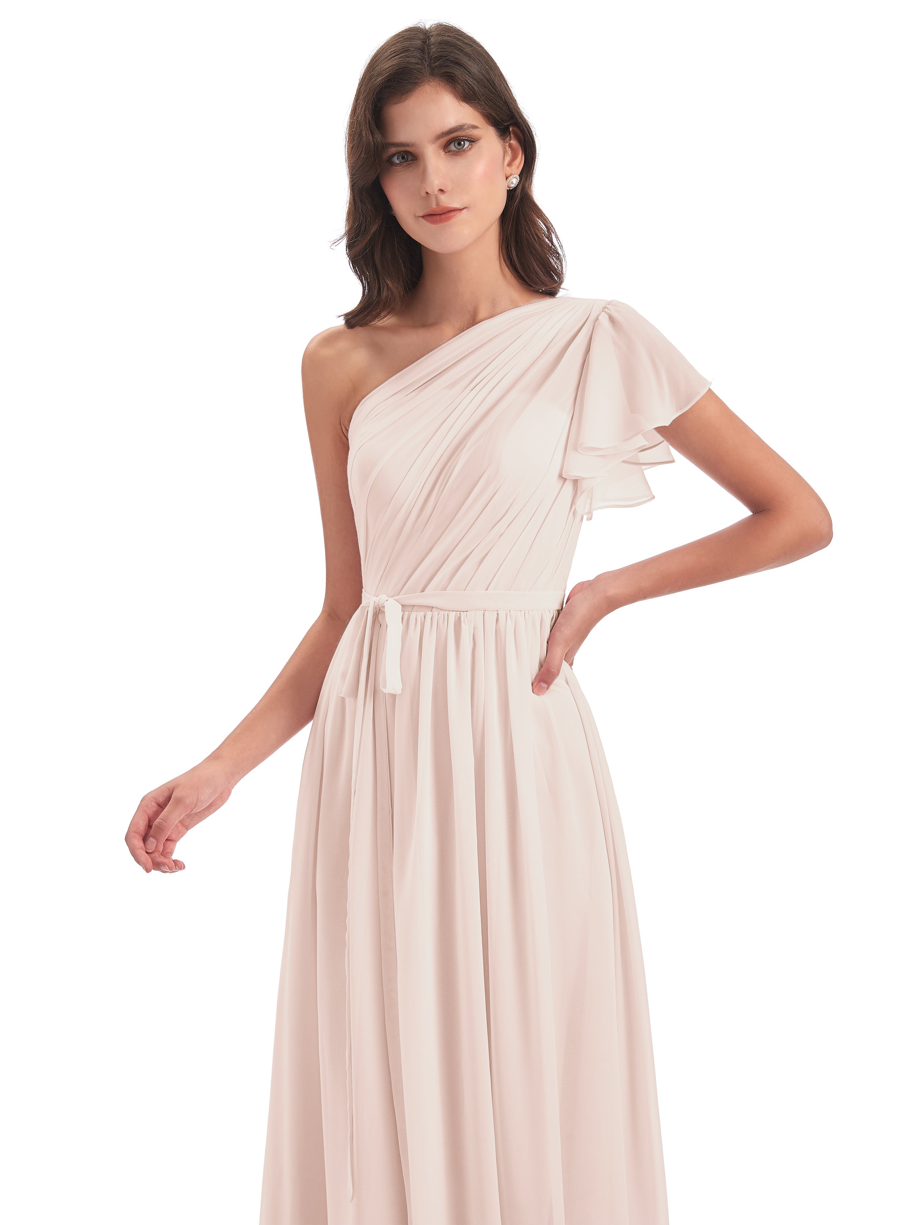 Robe Demoiselle D Honneur Rose Perle Balayage/Pinceau Traîne Seule-Épaule Robes Demoiselle D'Honneur