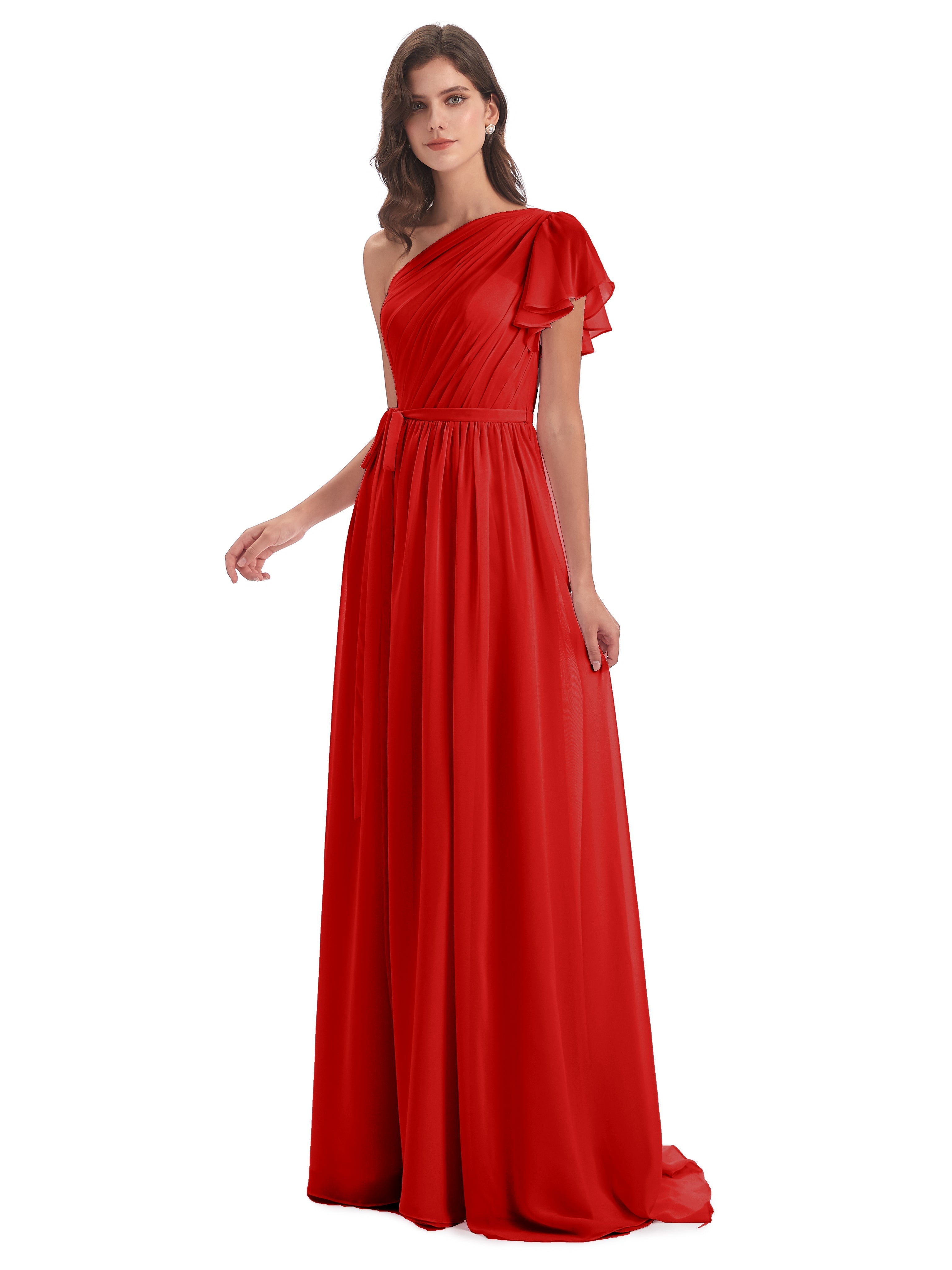 Demoiselle D Honneur Rouge Balayage/Pinceau Traîne Seule-Épaule Robes Demoiselle D'Honneur