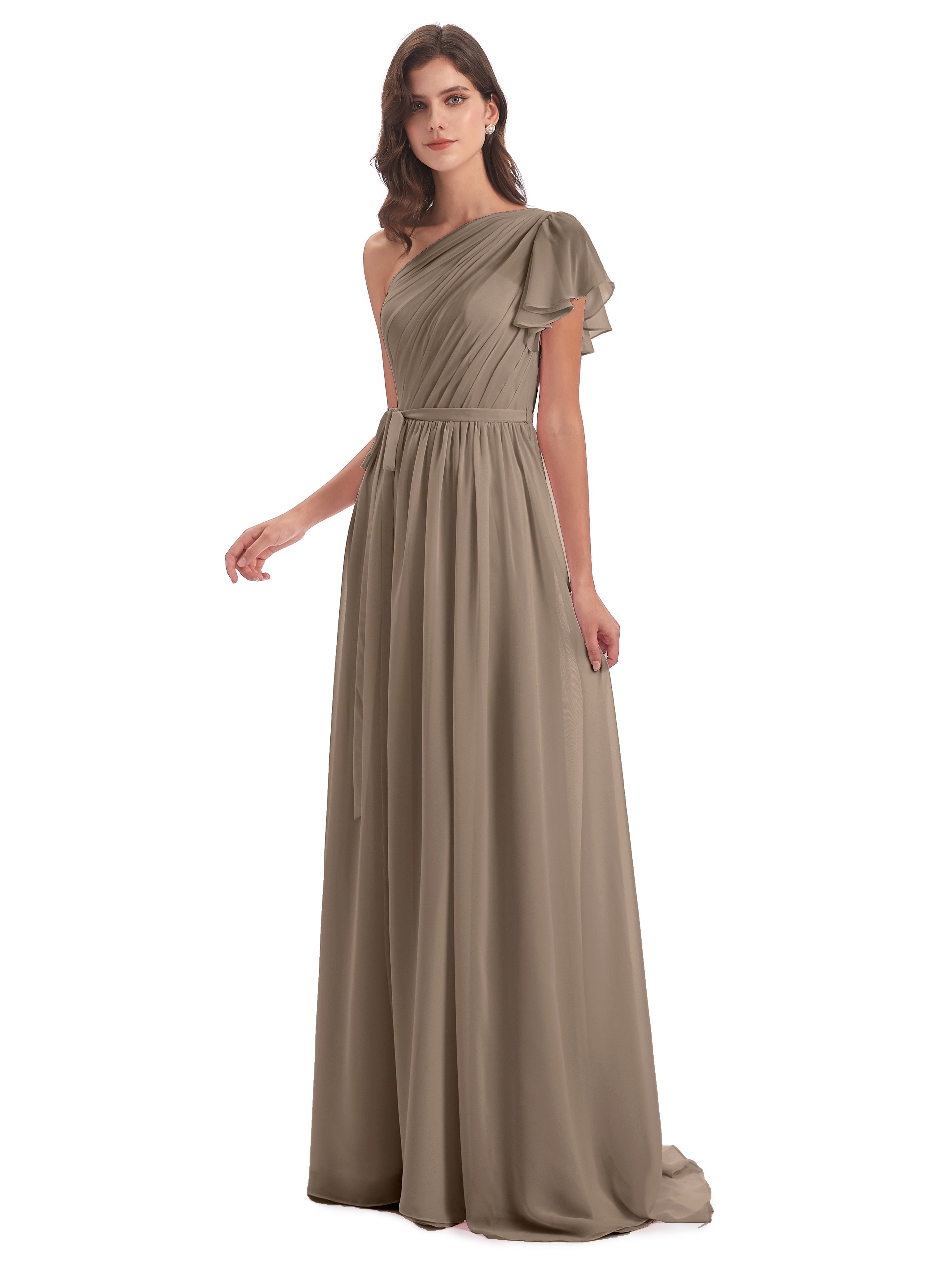 Robe De Couleur Taupe Balayage/Pinceau Traîne Seule-Épaule Robes Demoiselle D'Honneur