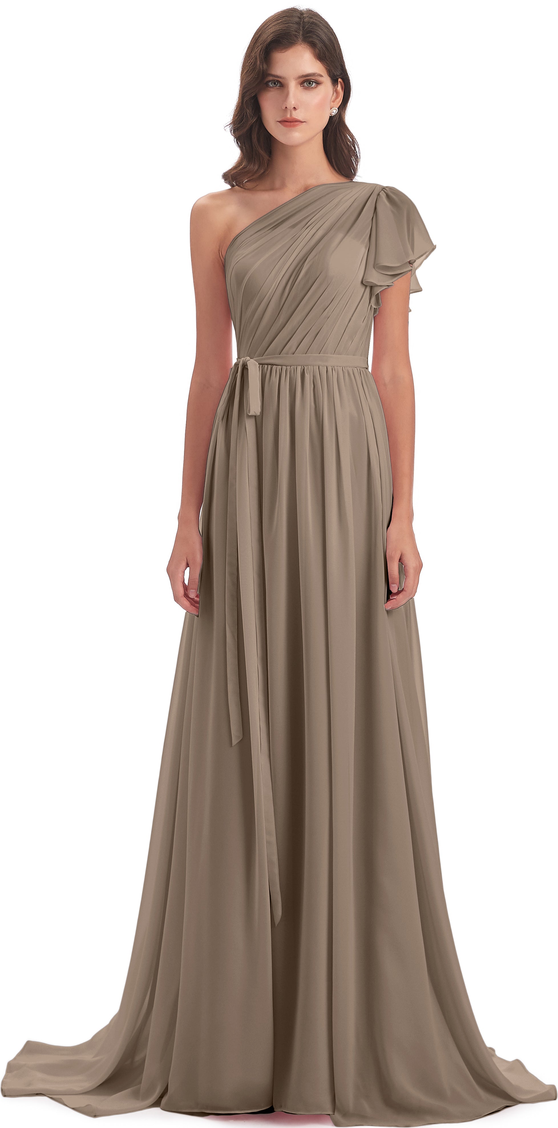 Robe De Couleur Taupe Balayage/Pinceau Traîne Seule-Épaule Robes Demoiselle D'Honneur
