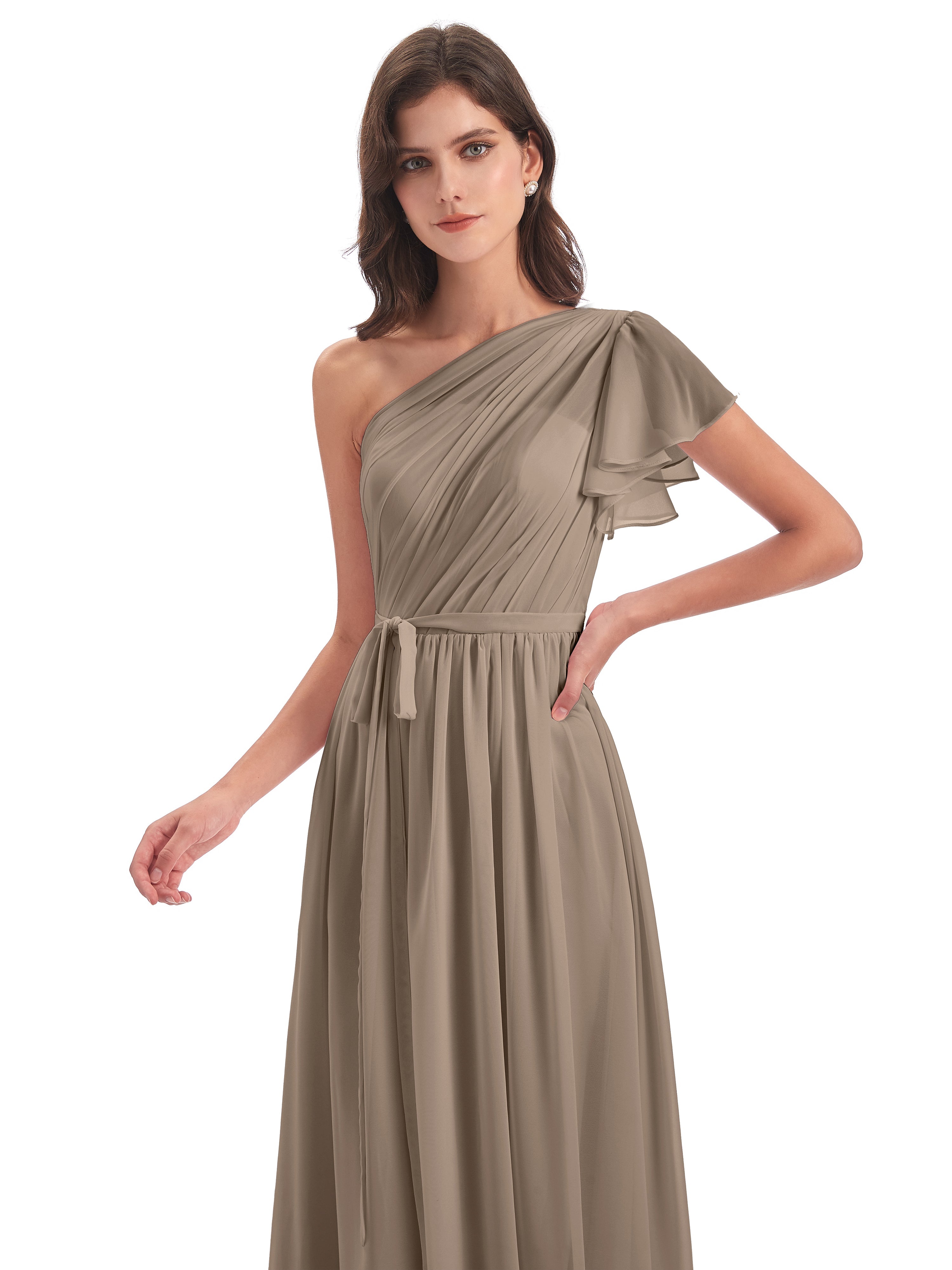 Robe De Couleur Taupe Balayage/Pinceau Traîne Seule-Épaule Robes Demoiselle D'Honneur
