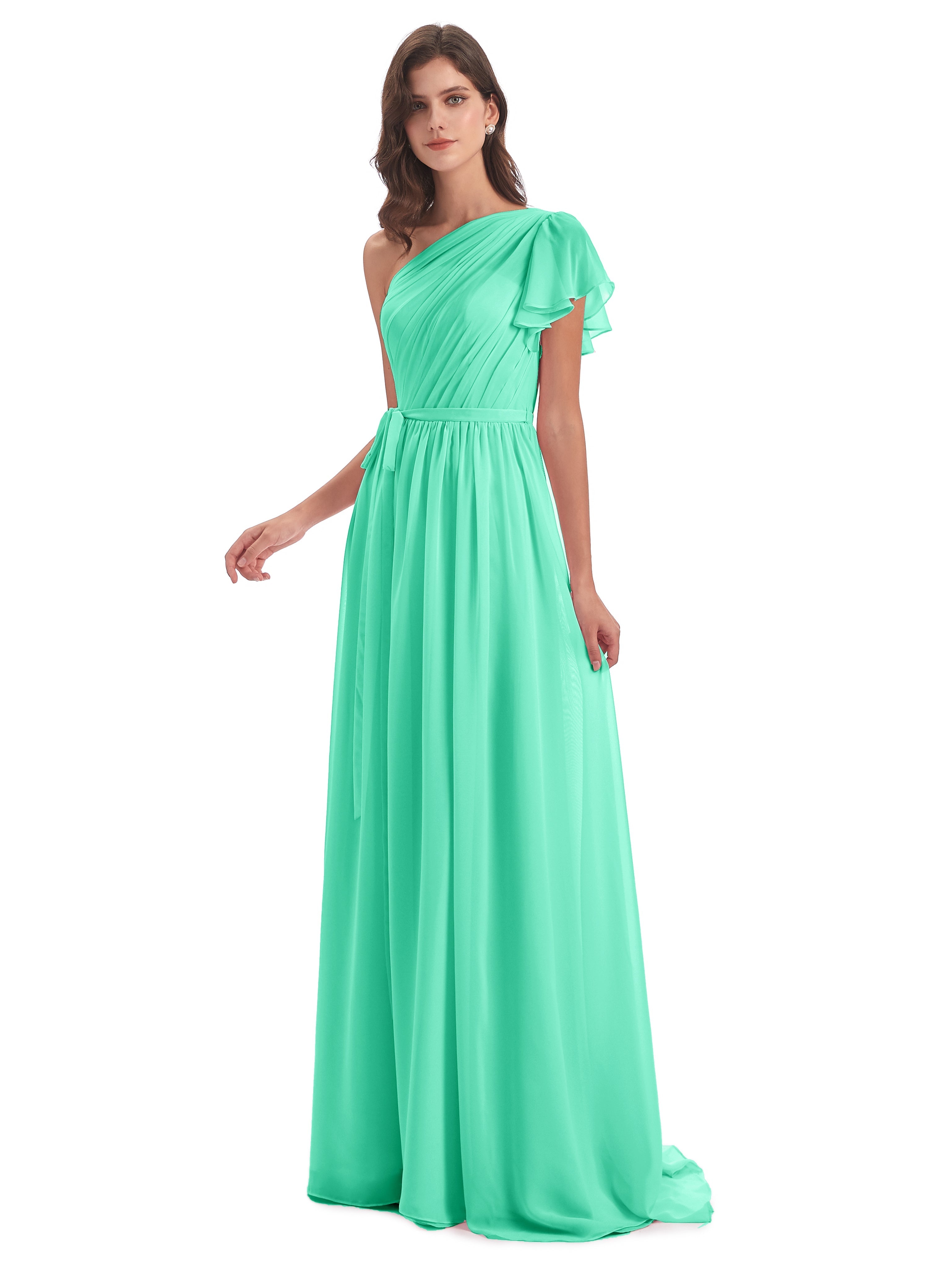 Robe De Demoiselle D Honneur Bleu Turquoise Balayage/Pinceau Traîne Seule-Épaule Robes Demoiselle D'Honneur