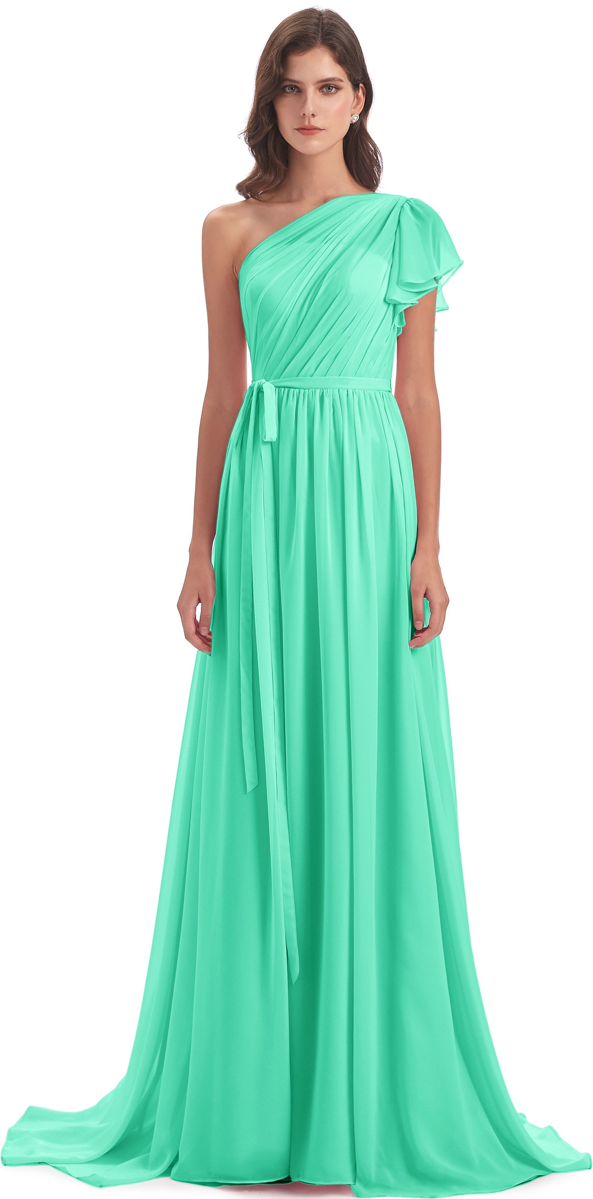 Robe De Demoiselle D Honneur Bleu Turquoise Balayage/Pinceau Traîne Seule-Épaule Robes Demoiselle D'Honneur