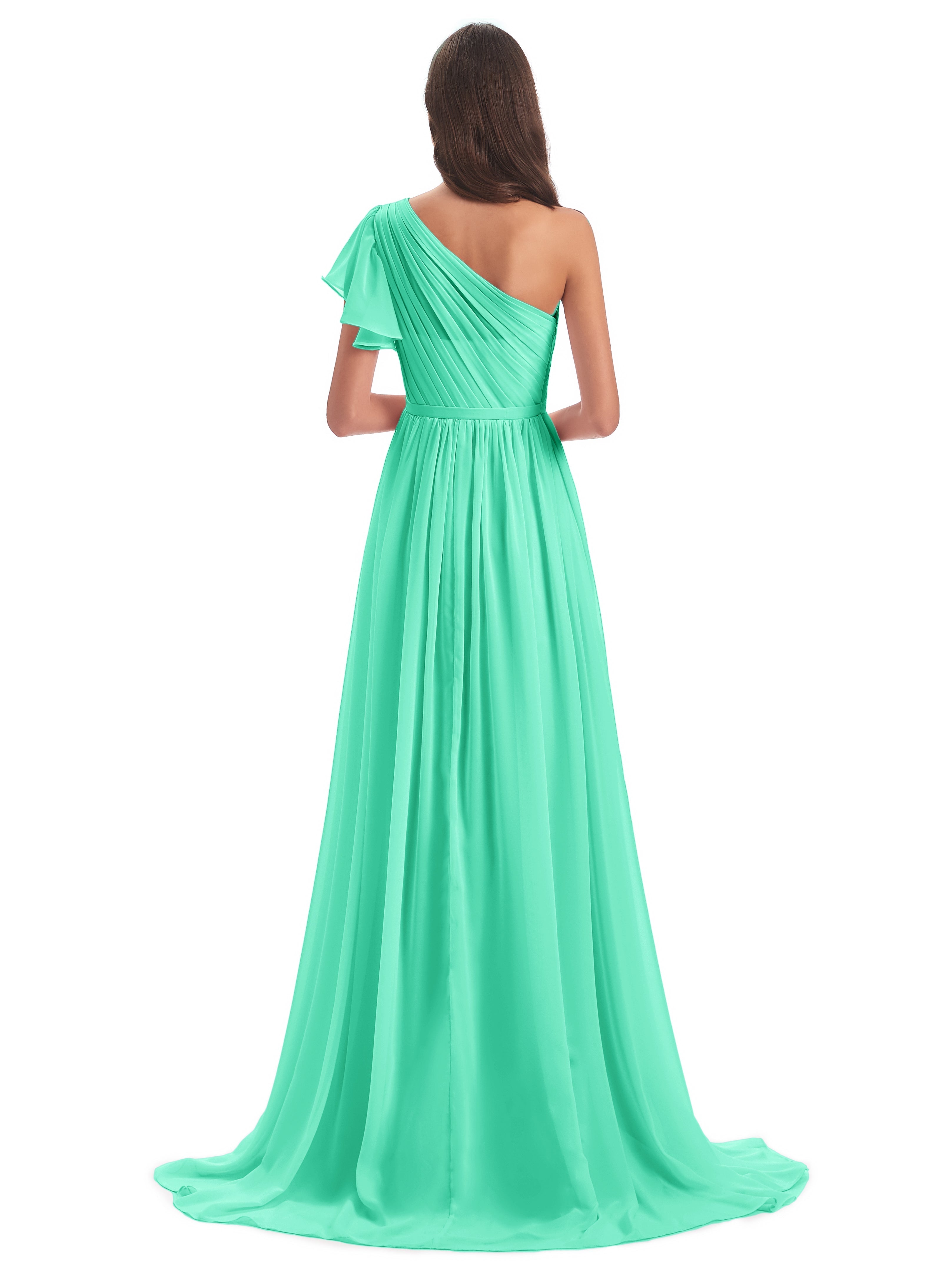 Robe De Demoiselle D Honneur Bleu Turquoise Balayage/Pinceau Traîne Seule-Épaule Robes Demoiselle D'Honneur