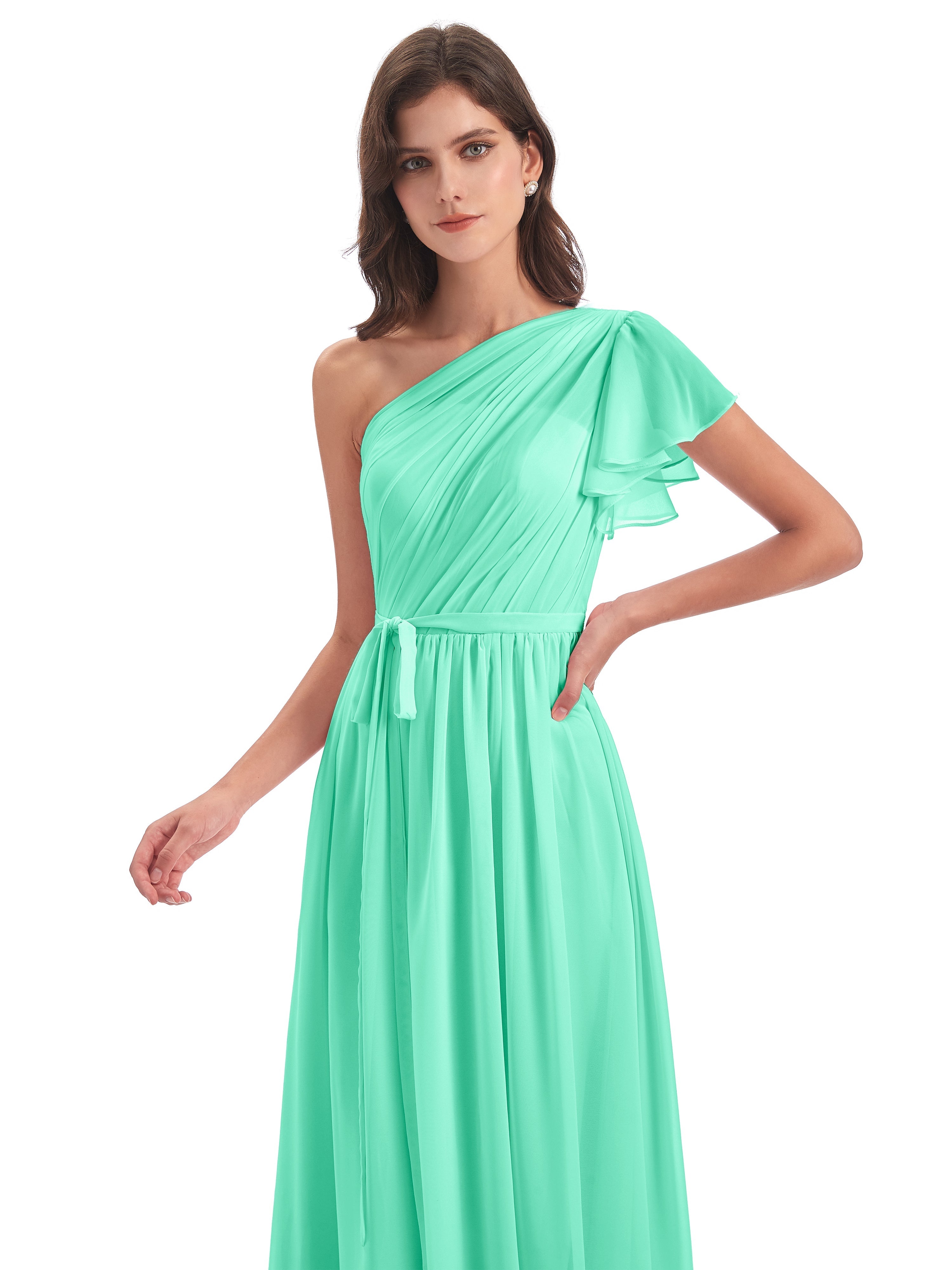 Robe De Demoiselle D Honneur Bleu Turquoise Balayage/Pinceau Traîne Seule-Épaule Robes Demoiselle D'Honneur