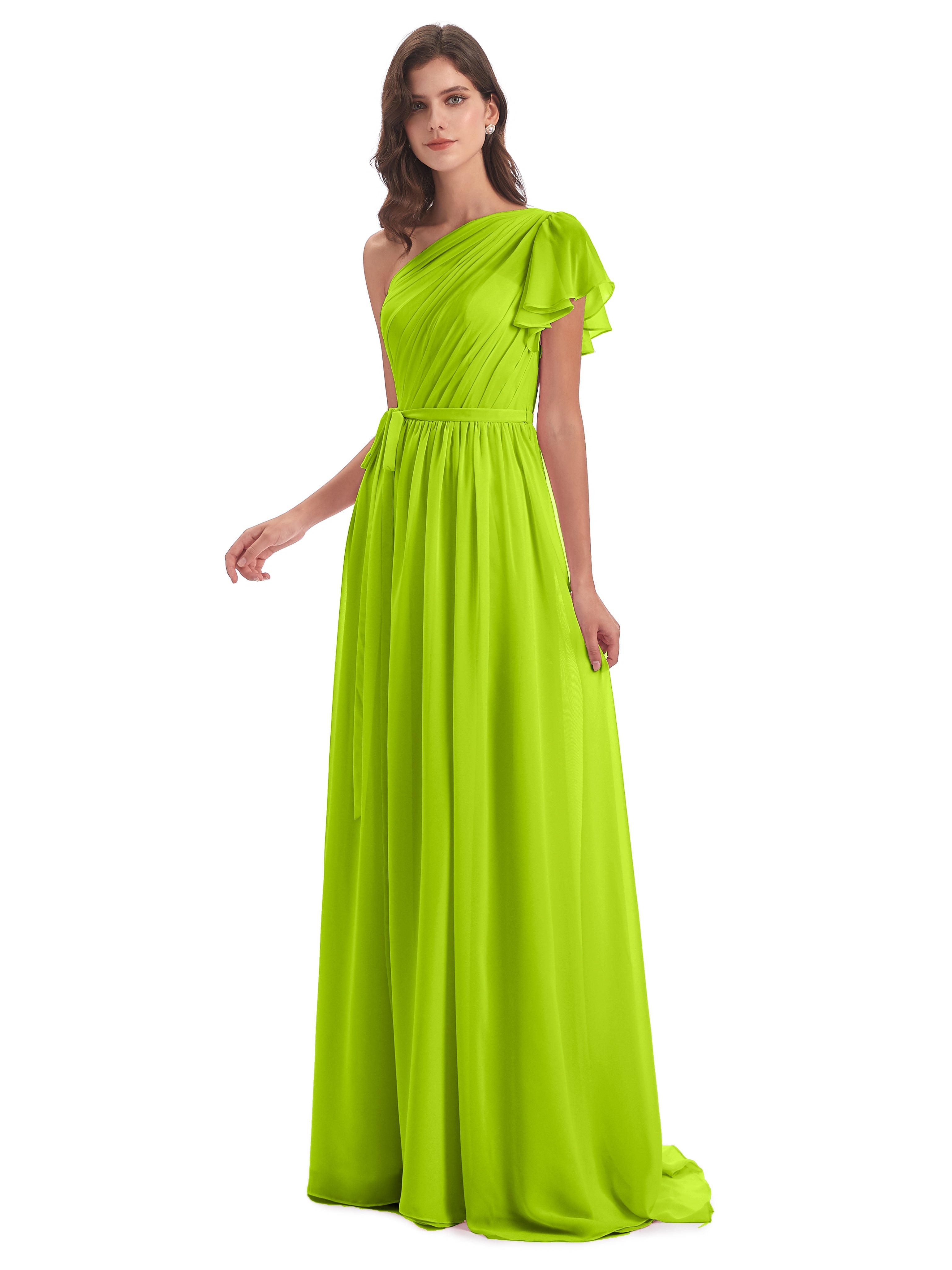 Robes De Demoiselle D'Honneur Vert Citron Balayage/Pinceau Traîne Seule-Épaule Robes Demoiselle D'Honneur