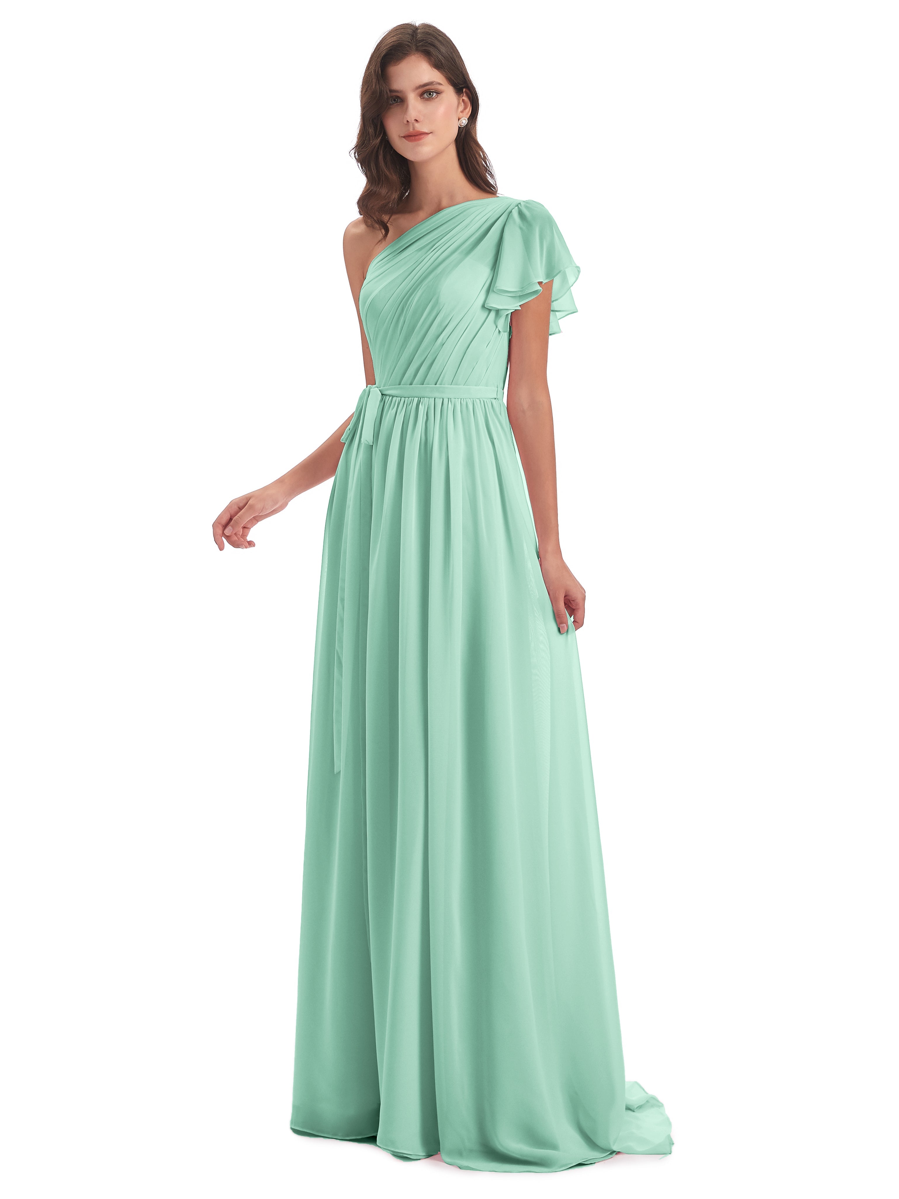 Robe Demoiselle D Honneur Menthe Balayage/Pinceau Traîne Seule-Épaule Robes Demoiselle D'Honneur