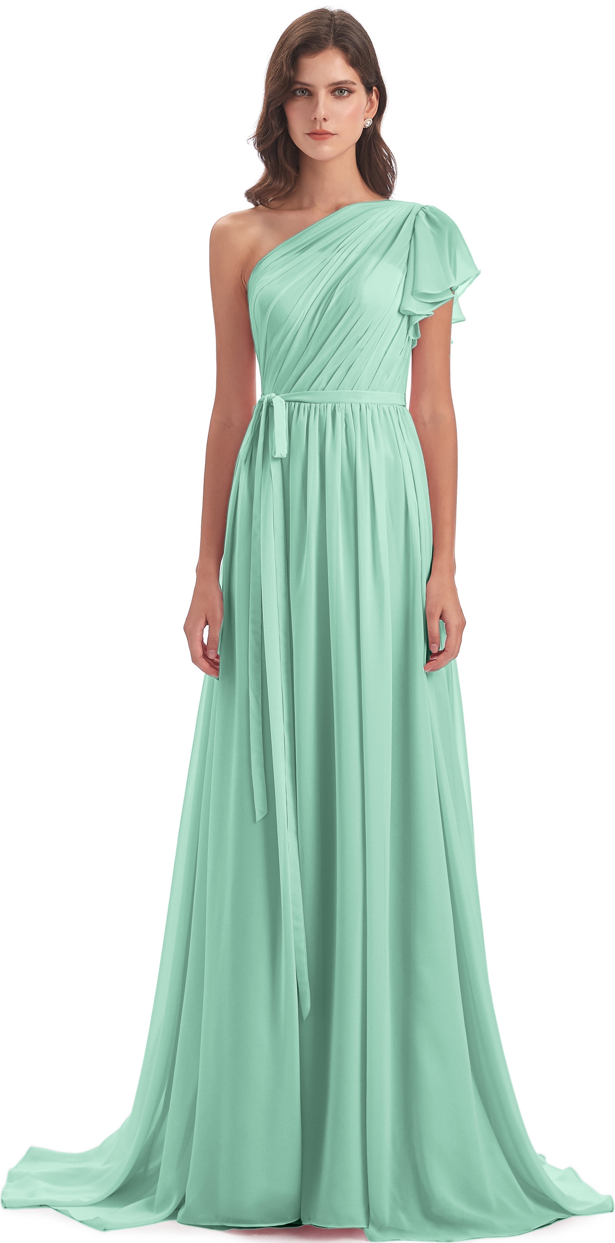 Robe Demoiselle D Honneur Menthe Balayage/Pinceau Traîne Seule-Épaule Robes Demoiselle D'Honneur