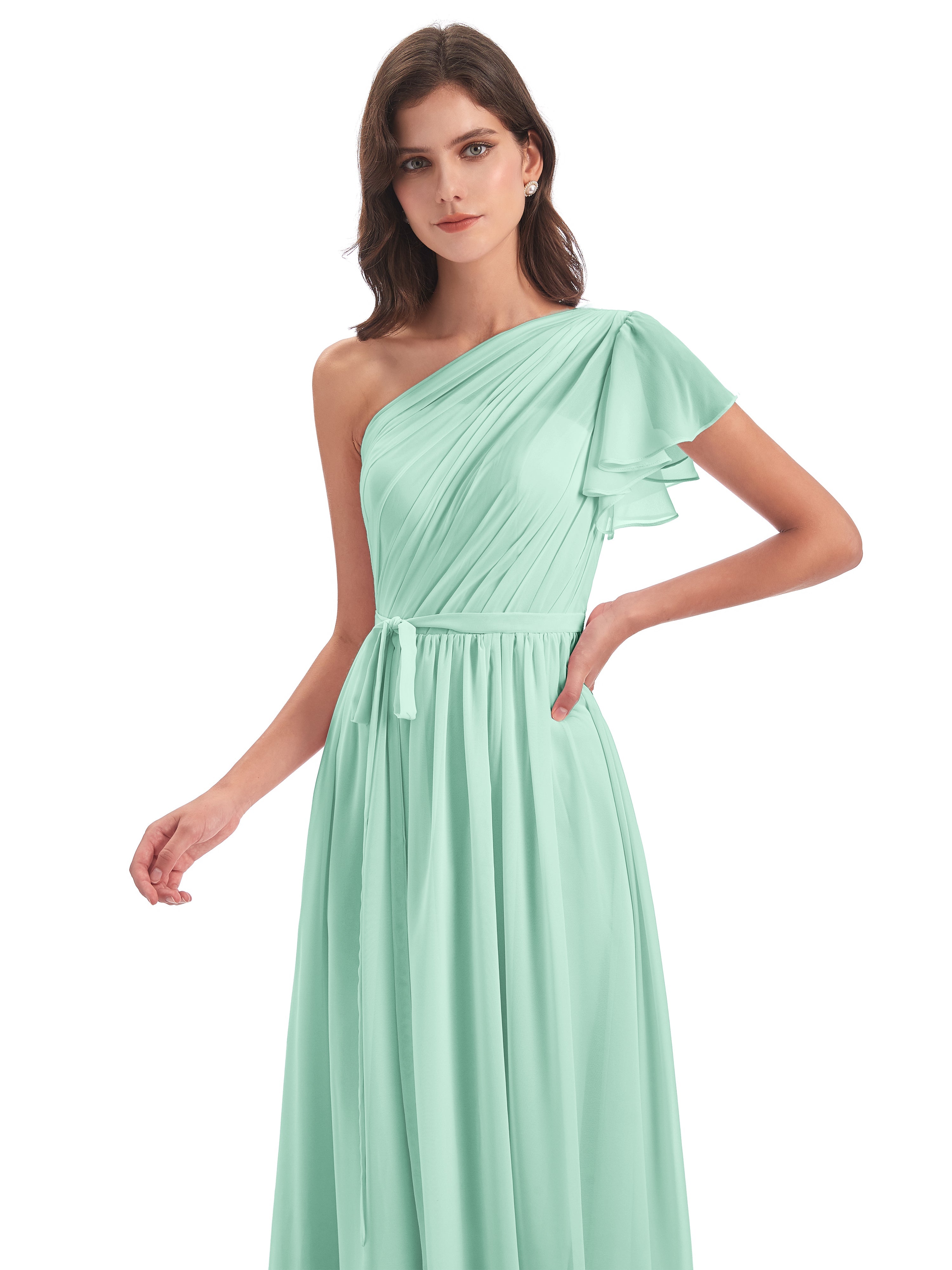 Robe Demoiselle D Honneur Menthe Balayage/Pinceau Traîne Seule-Épaule Robes Demoiselle D'Honneur
