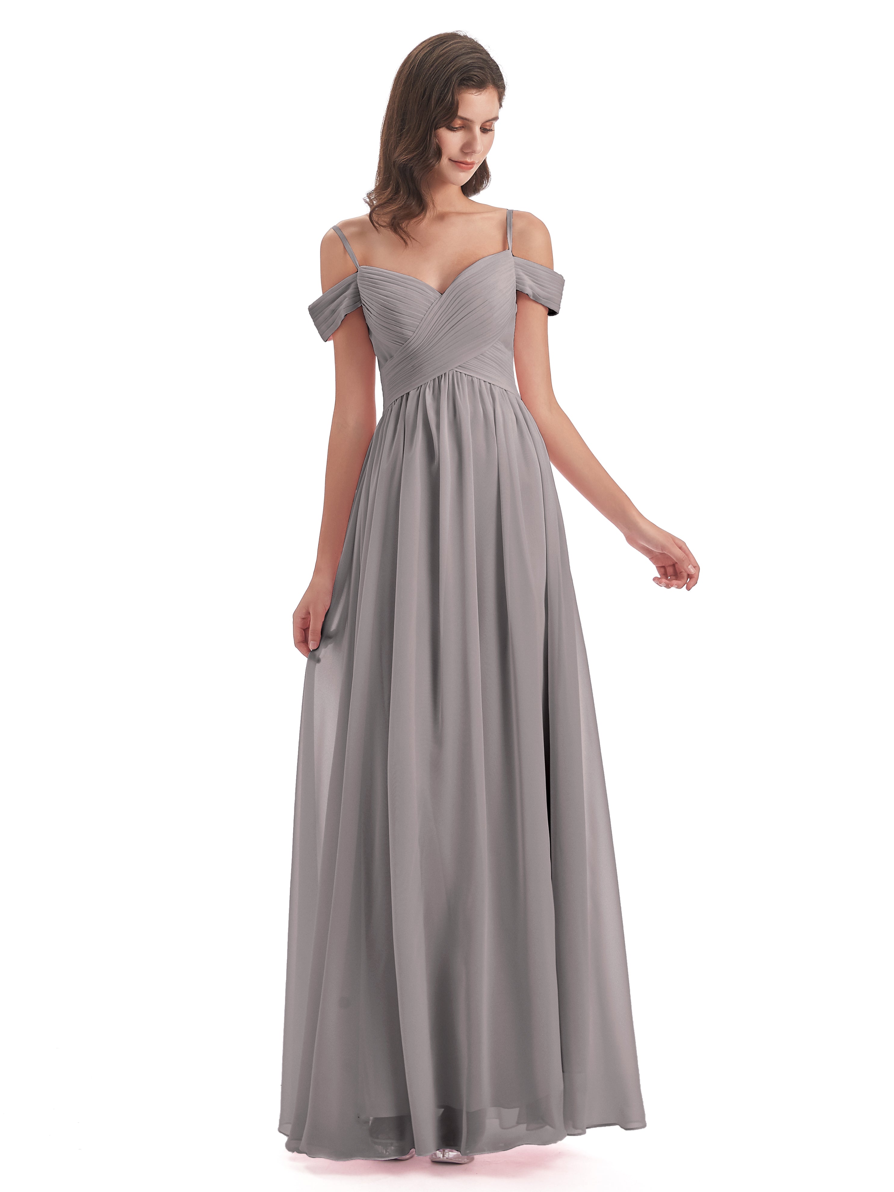 Robes De Demoiselle D'Honneur En Argent Bretelles Spaghetti Trapèze Mousseline Robes Demoiselle D'Honneur