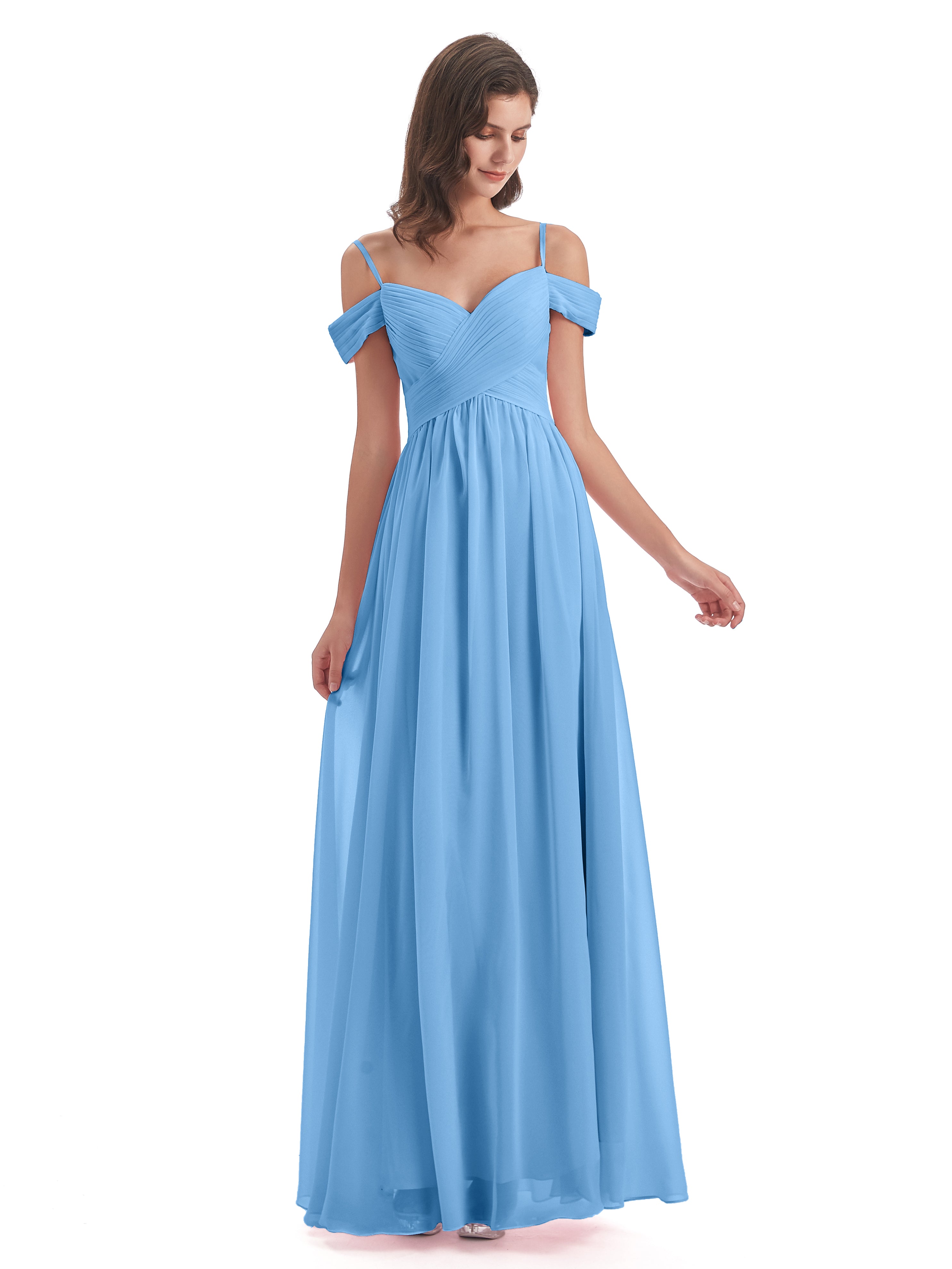 Robe Bleu Demoiselle D Honneur Bretelles Spaghetti Trapèze Mousseline Robes Demoiselle D'Honneur