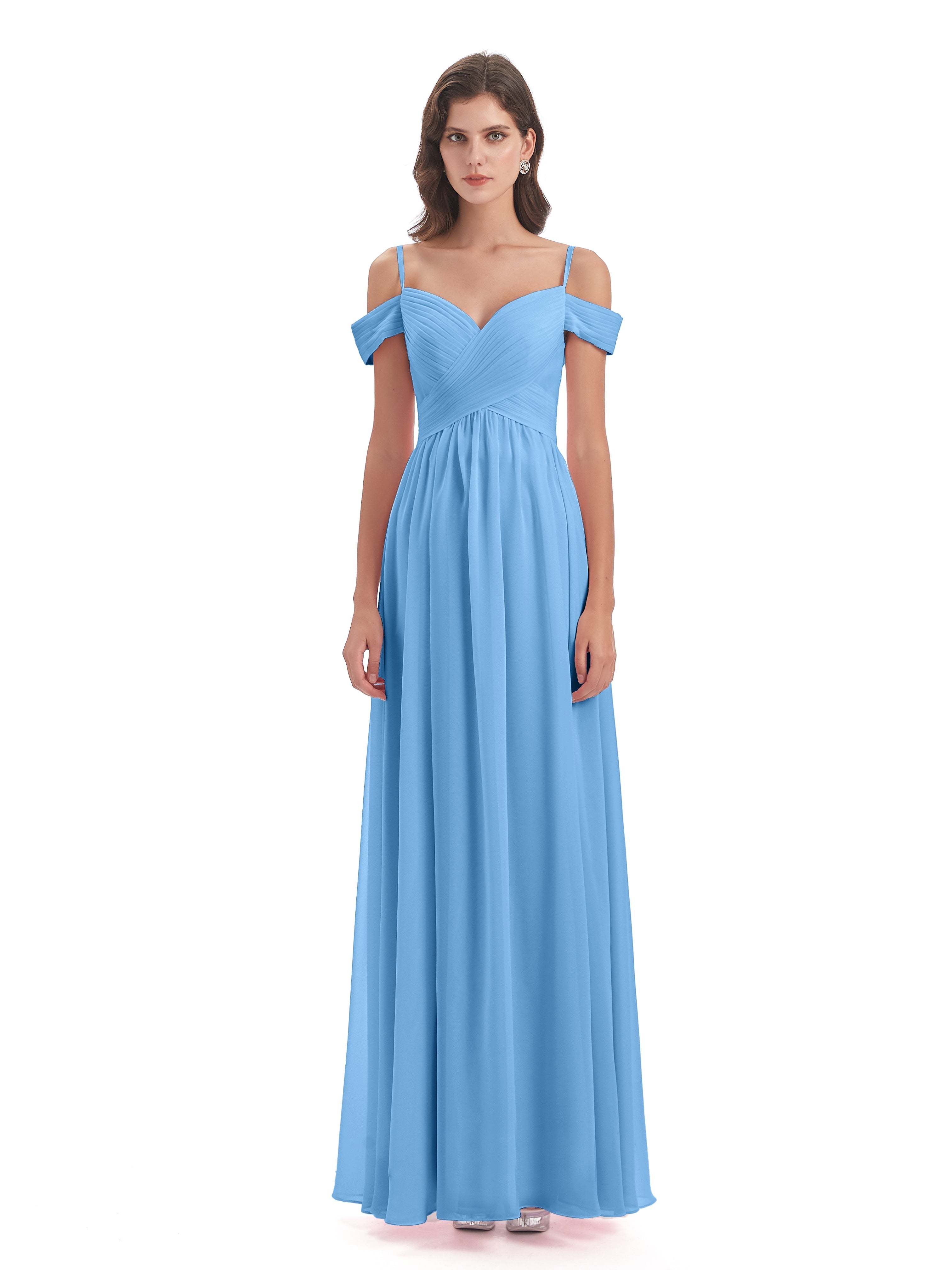 Robe Bleu Demoiselle D Honneur Bretelles Spaghetti Trapèze Mousseline Robes Demoiselle D'Honneur
