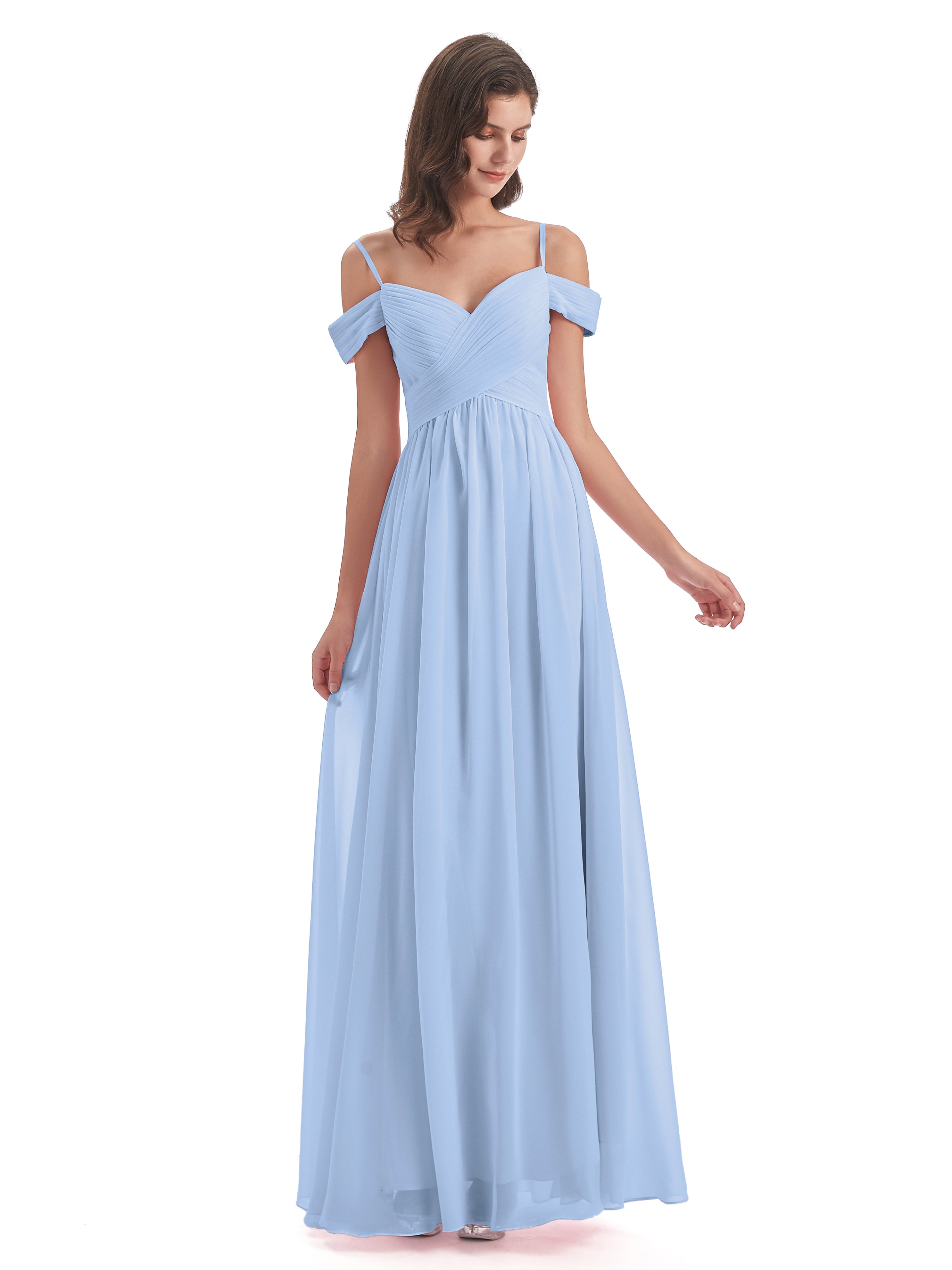 Robe De Demoiselle D Honneur Bleu Ciel Bretelles Spaghetti Trapèze Mousseline Robes Demoiselle D'Honneur