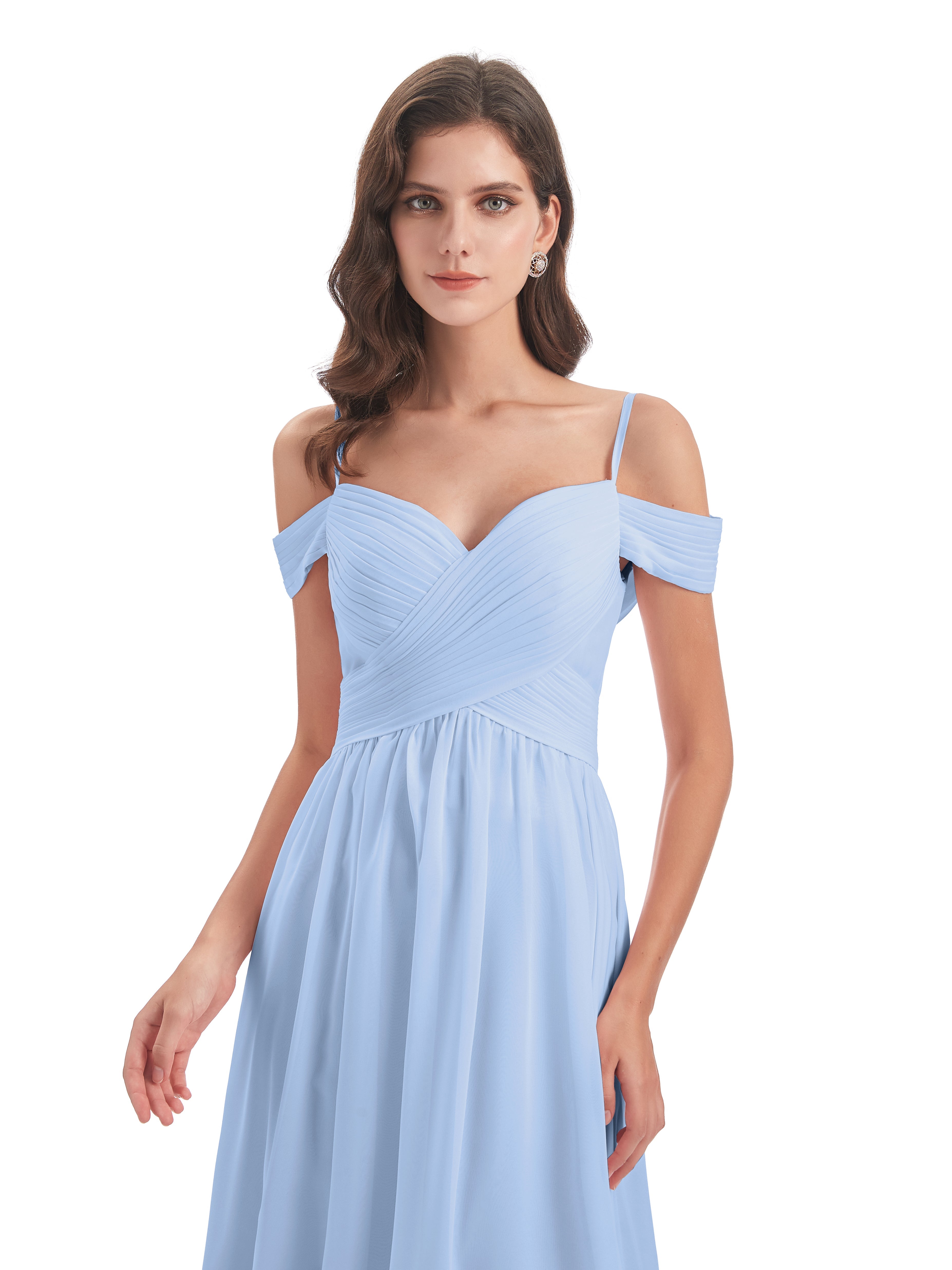 Robe De Demoiselle D Honneur Bleu Ciel Bretelles Spaghetti Trapèze Mousseline Robes Demoiselle D'Honneur