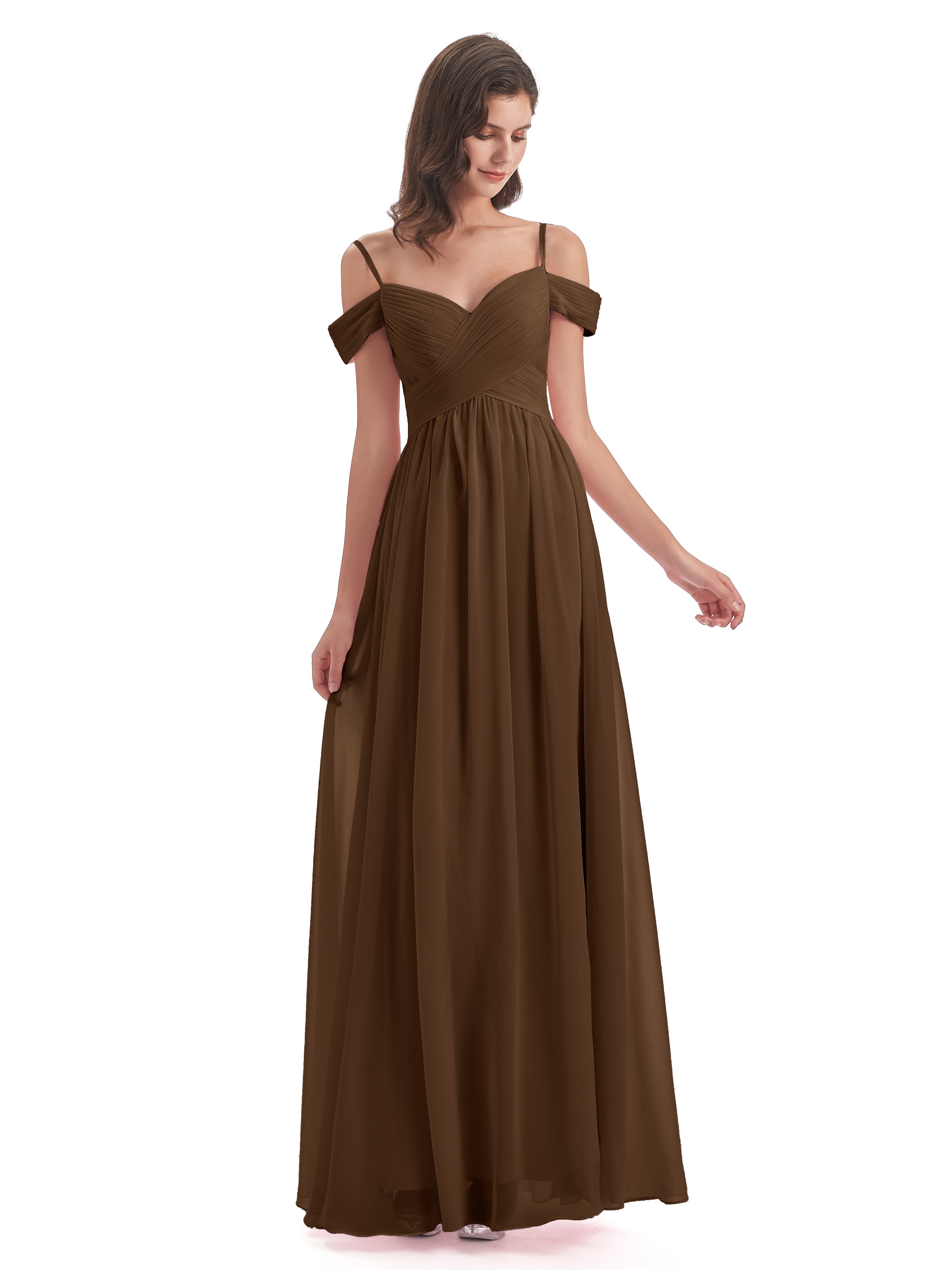 Robe Demoiselle D Honneur Brun Bretelles Spaghetti Trapèze Mousseline Robes Demoiselle D'Honneur