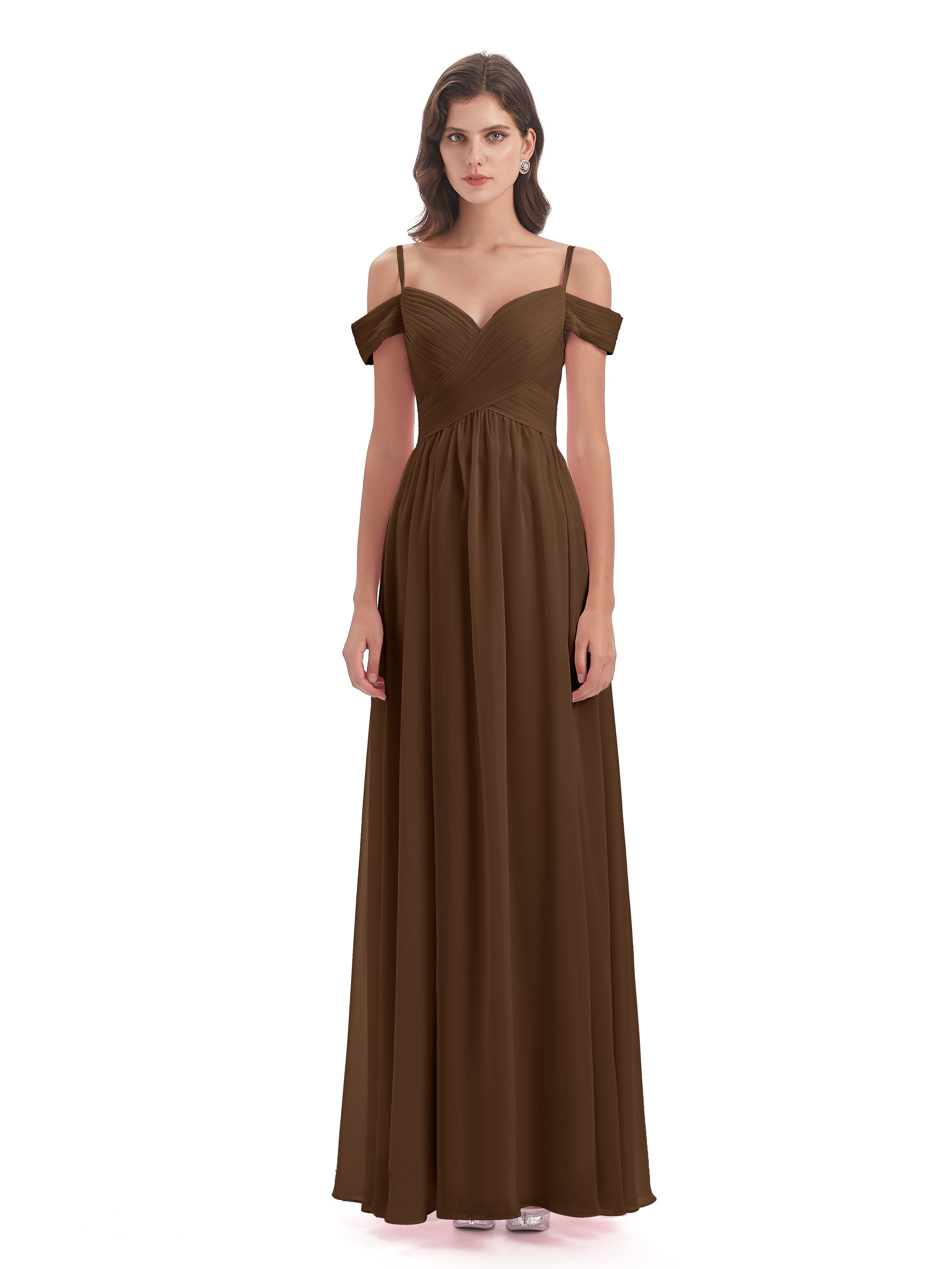 Robe Demoiselle D Honneur Brun Bretelles Spaghetti Trapèze Mousseline Robes Demoiselle D'Honneur