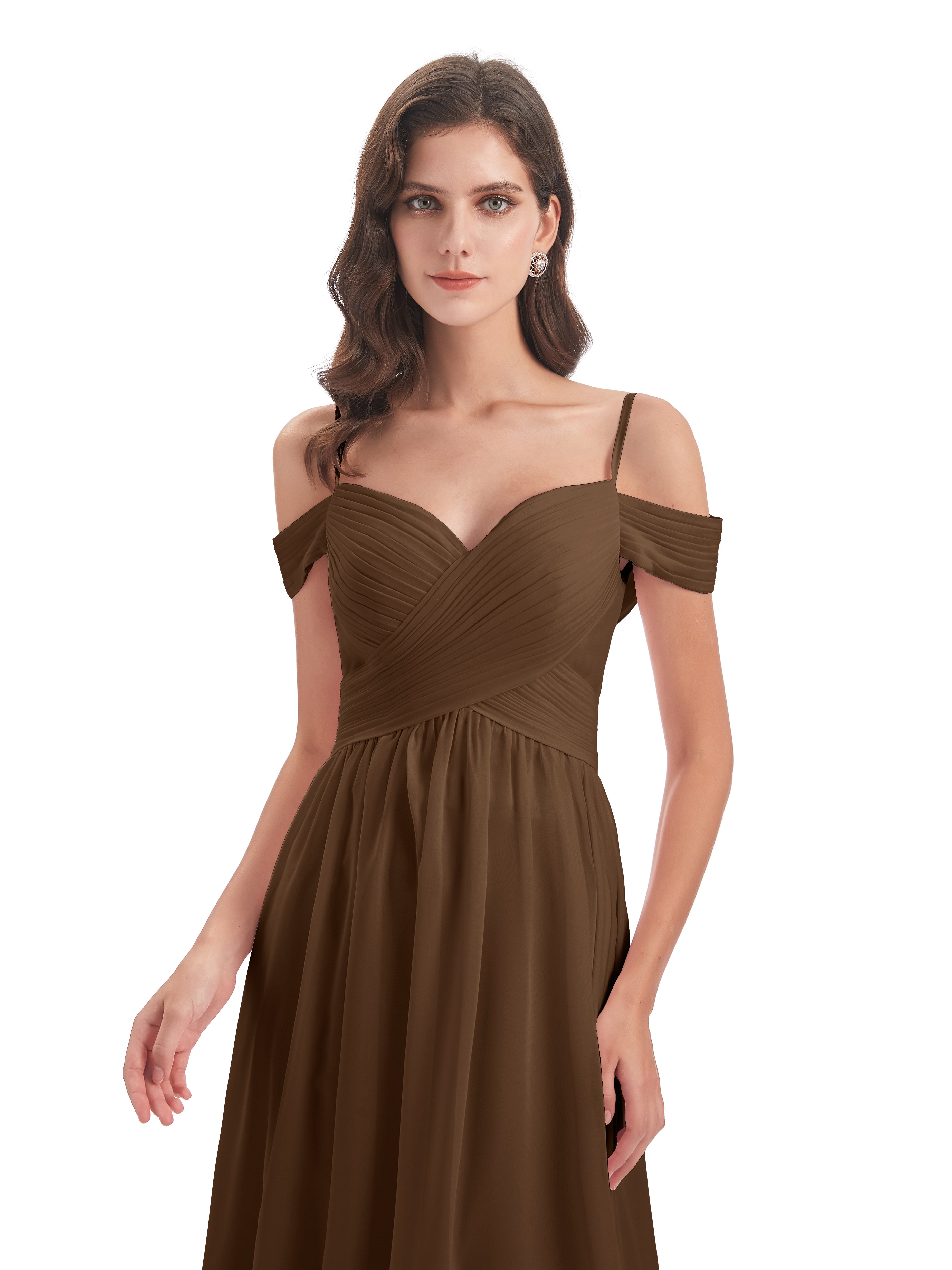 Robe Demoiselle D Honneur Brun Bretelles Spaghetti Trapèze Mousseline Robes Demoiselle D'Honneur