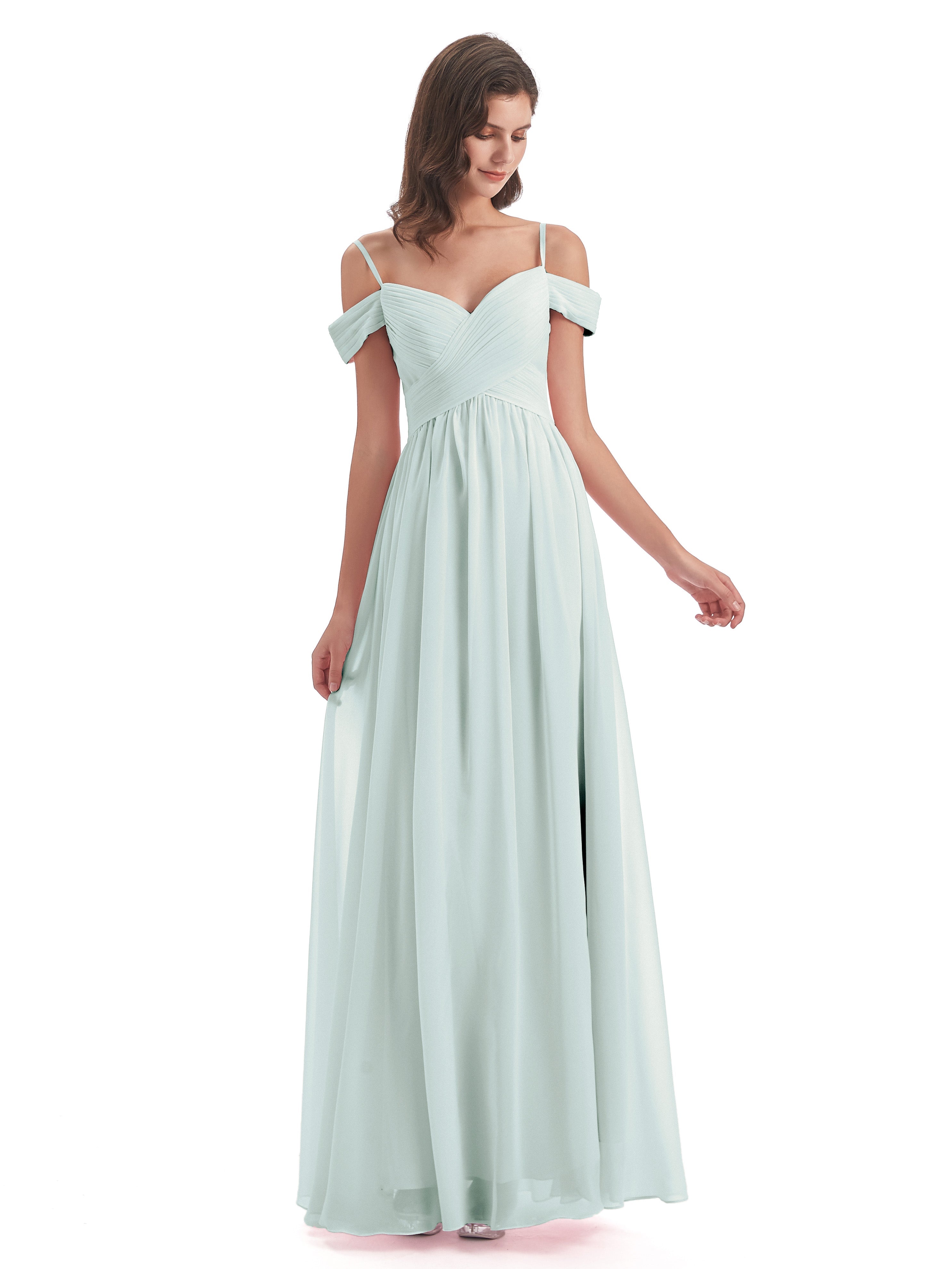 Robes De Demoiselle D'Honneur Celadon Col V Mousseline Longue Robes Demoiselle D'Honneur