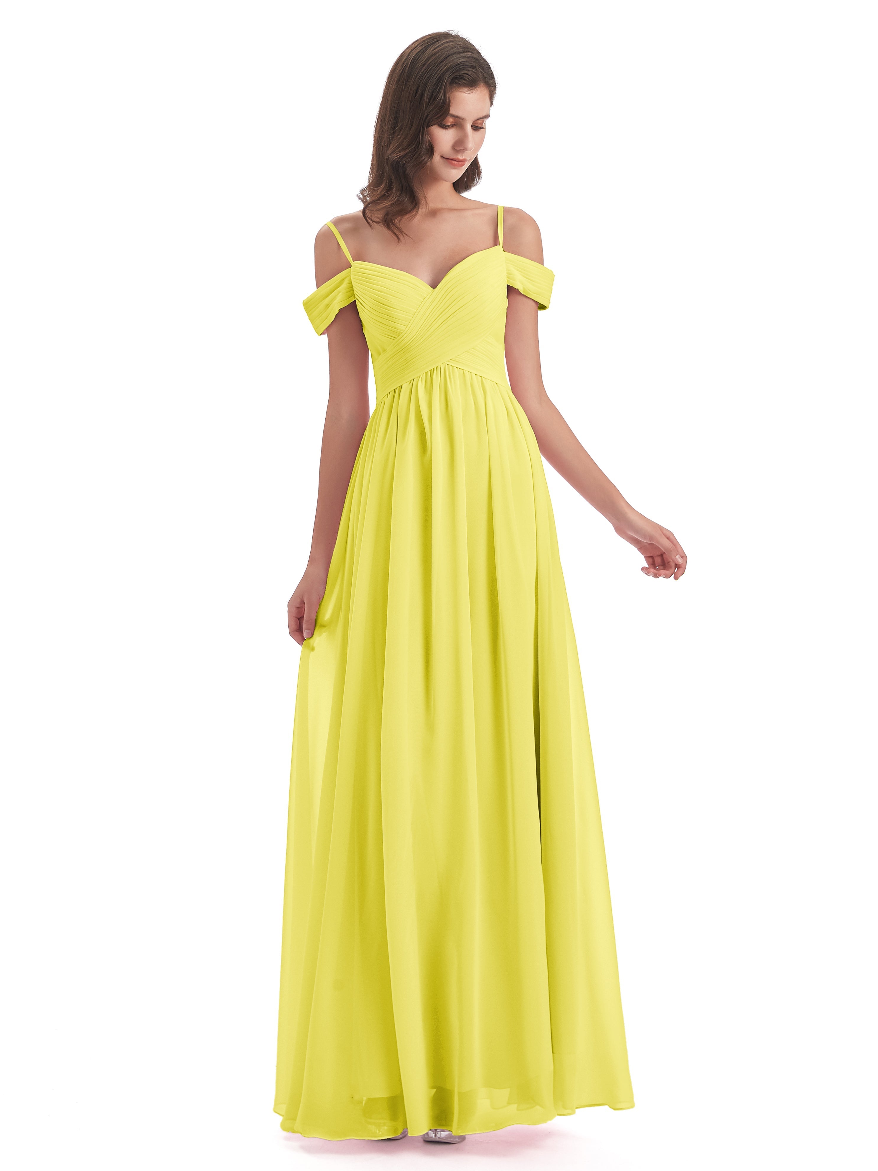 Robes De Demoiselle D'Honneur Citron Bretelles Spaghetti Trapèze Mousseline Robes Demoiselle D'Honneur