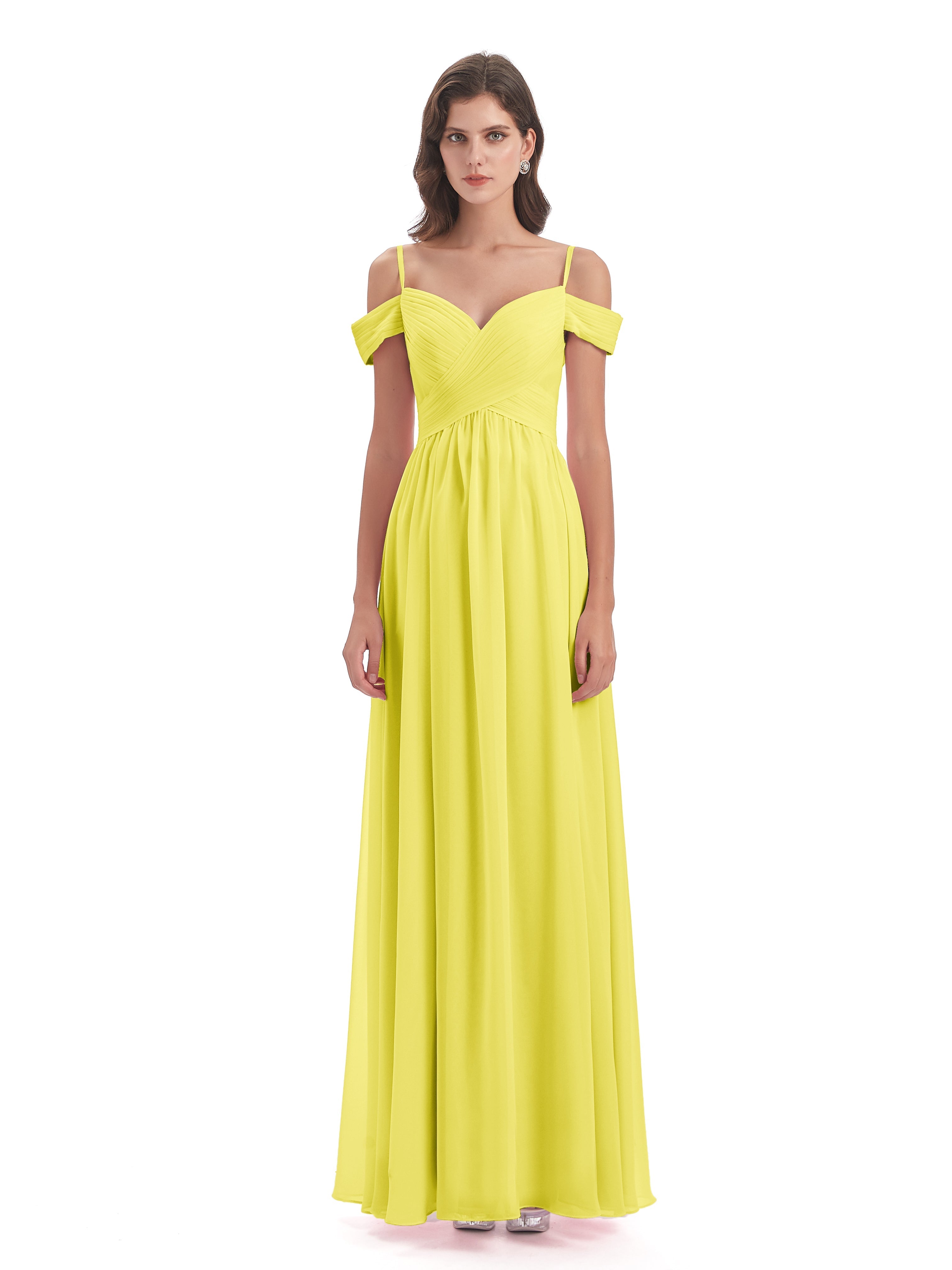 Robes De Demoiselle D'Honneur Citron Bretelles Spaghetti Trapèze Mousseline Robes Demoiselle D'Honneur