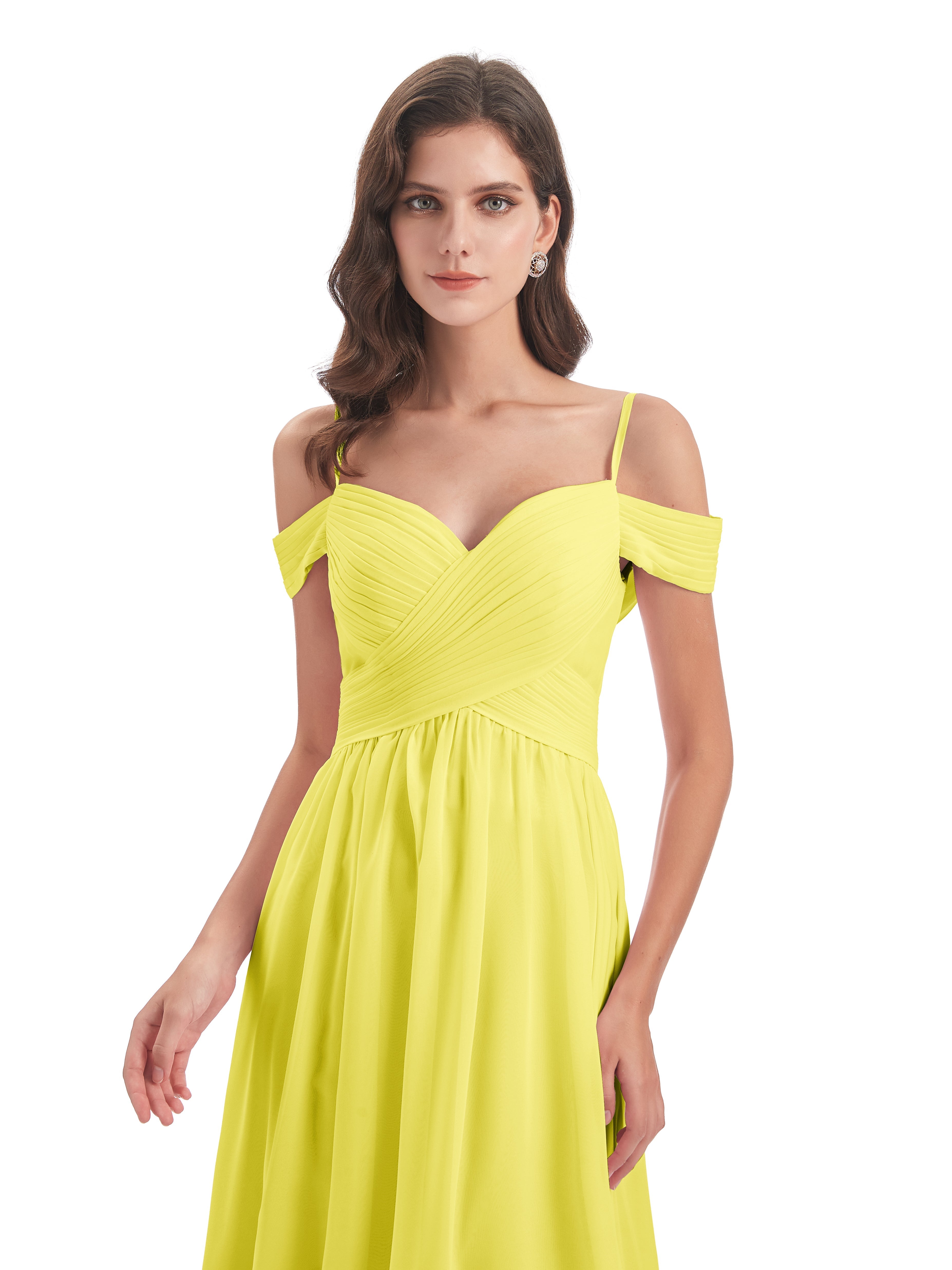 Robes De Demoiselle D'Honneur Citron Bretelles Spaghetti Trapèze Mousseline Robes Demoiselle D'Honneur