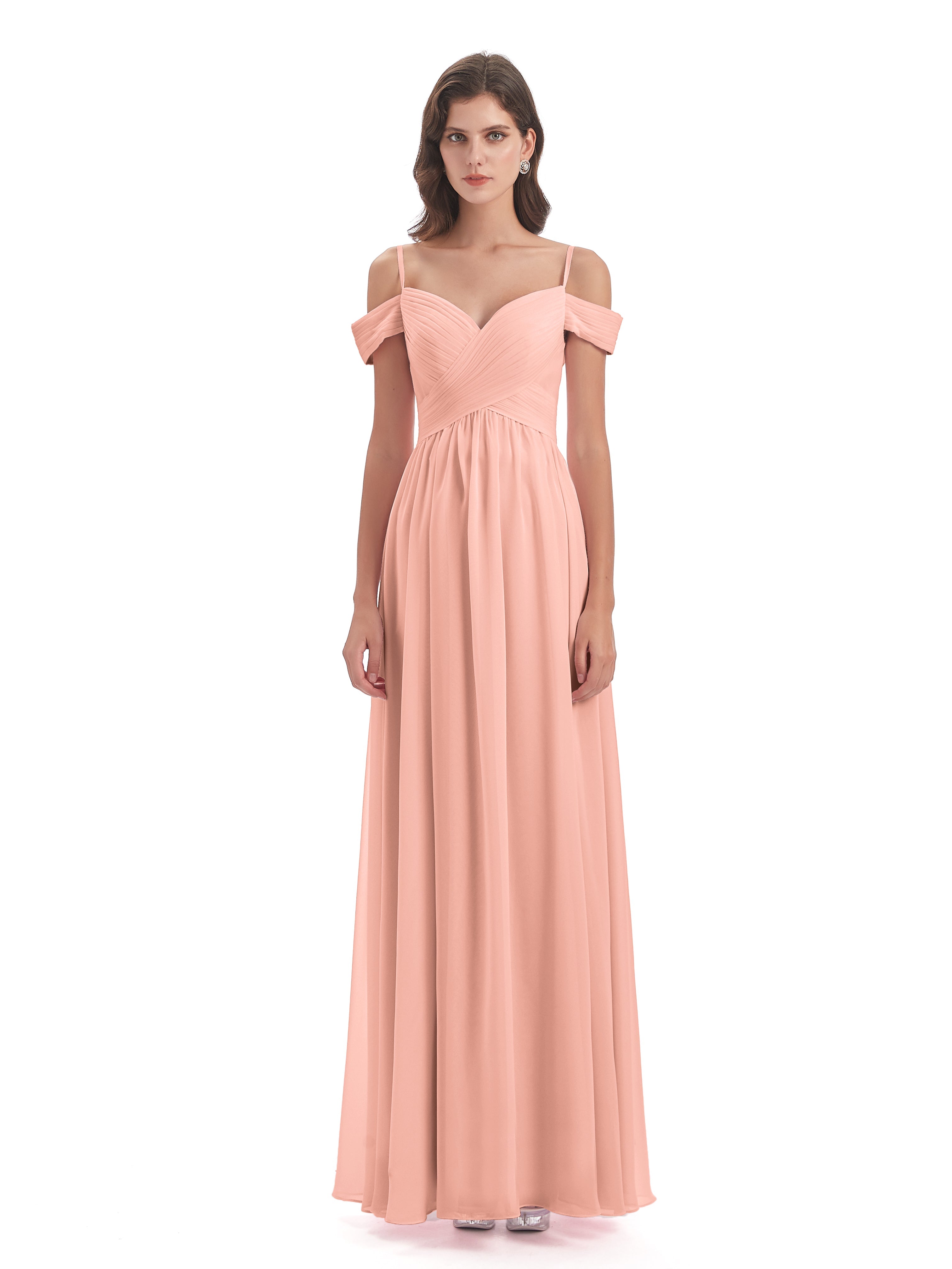 Robes Demoiselles D Honneur Corail Bretelles Spaghetti Trapèze Mousseline Robes Demoiselle D'Honneur