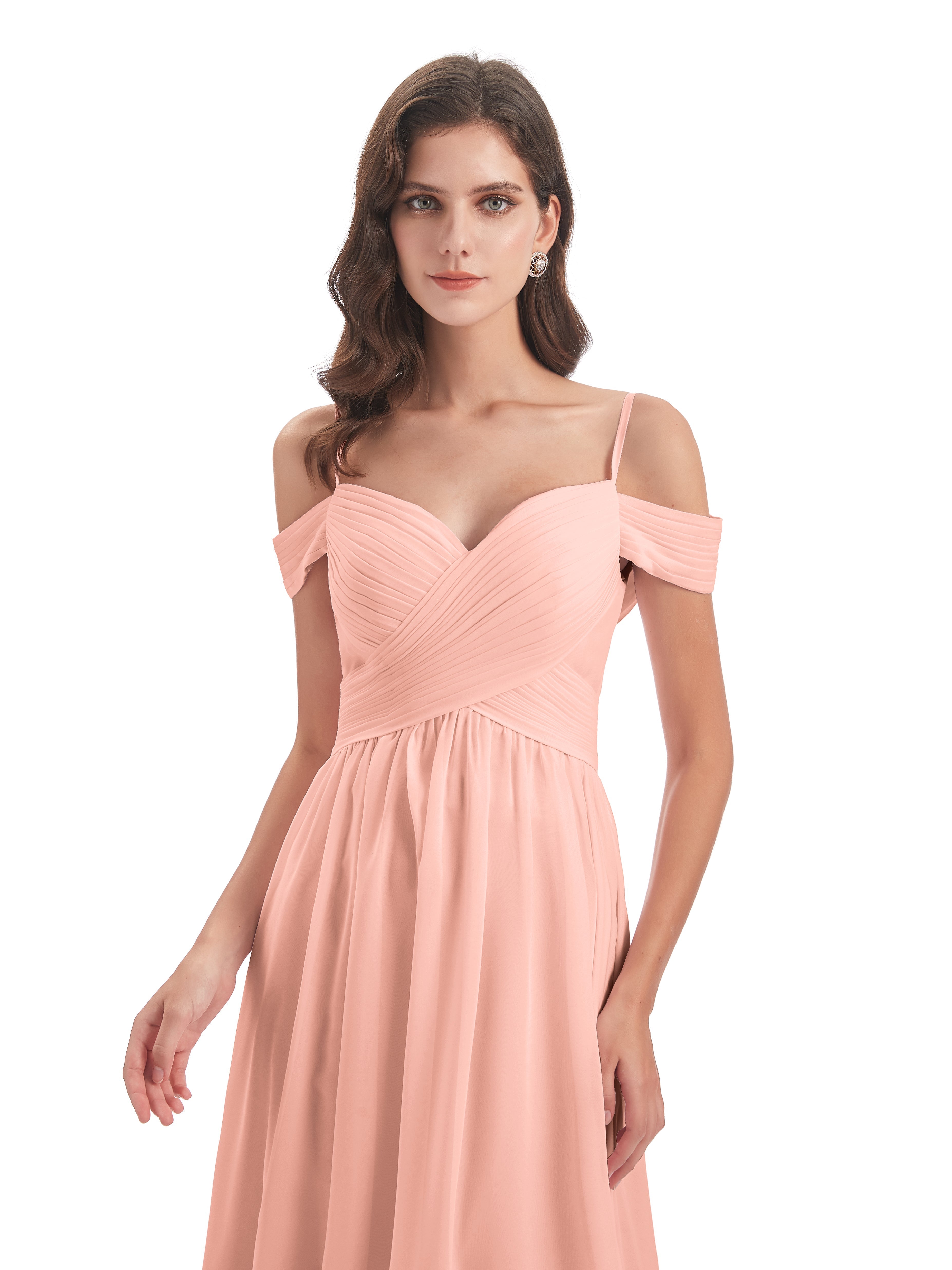 Robes Demoiselles D Honneur Corail Bretelles Spaghetti Trapèze Mousseline Robes Demoiselle D'Honneur