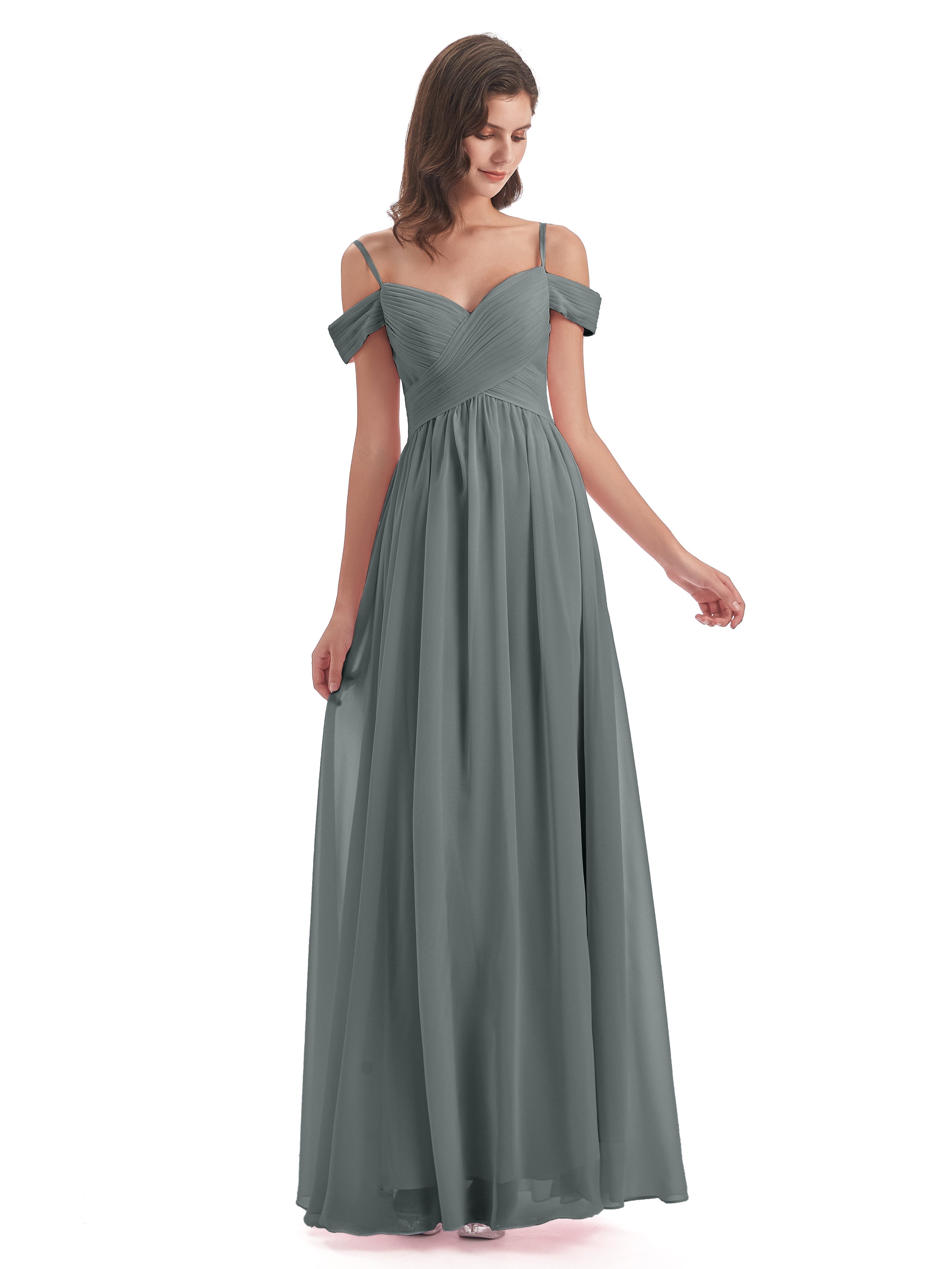 Robe Demoiselle D Honneur Grise Bretelles Spaghetti Trapèze Mousseline Robes Demoiselle D'Honneur