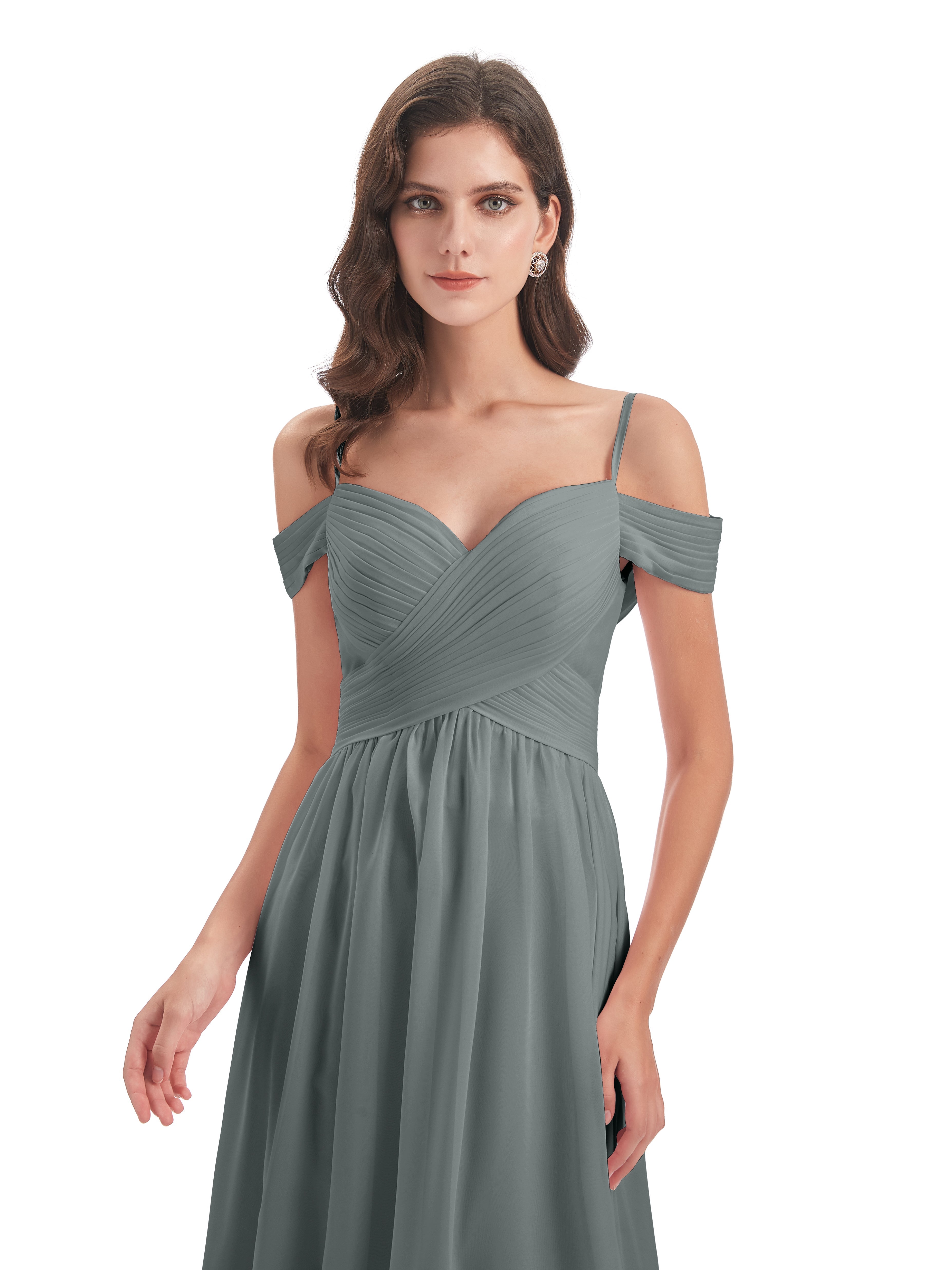 Robe Demoiselle D Honneur Grise Bretelles Spaghetti Trapèze Mousseline Robes Demoiselle D'Honneur