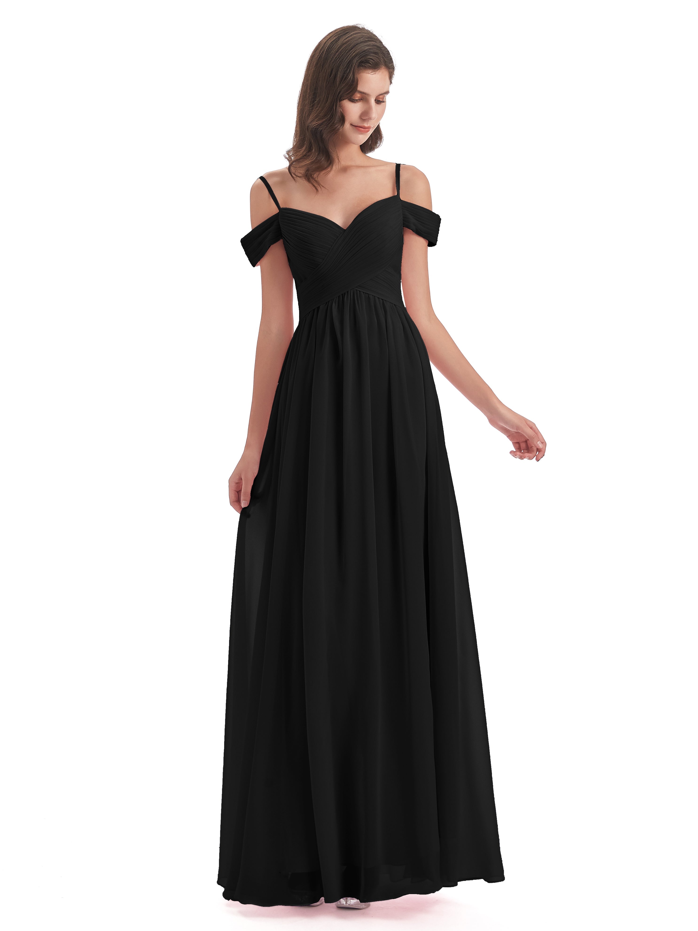 Demoiselle D Honneur En Noir Bretelles Spaghetti Trapèze Mousseline Robes Demoiselle D'Honneur