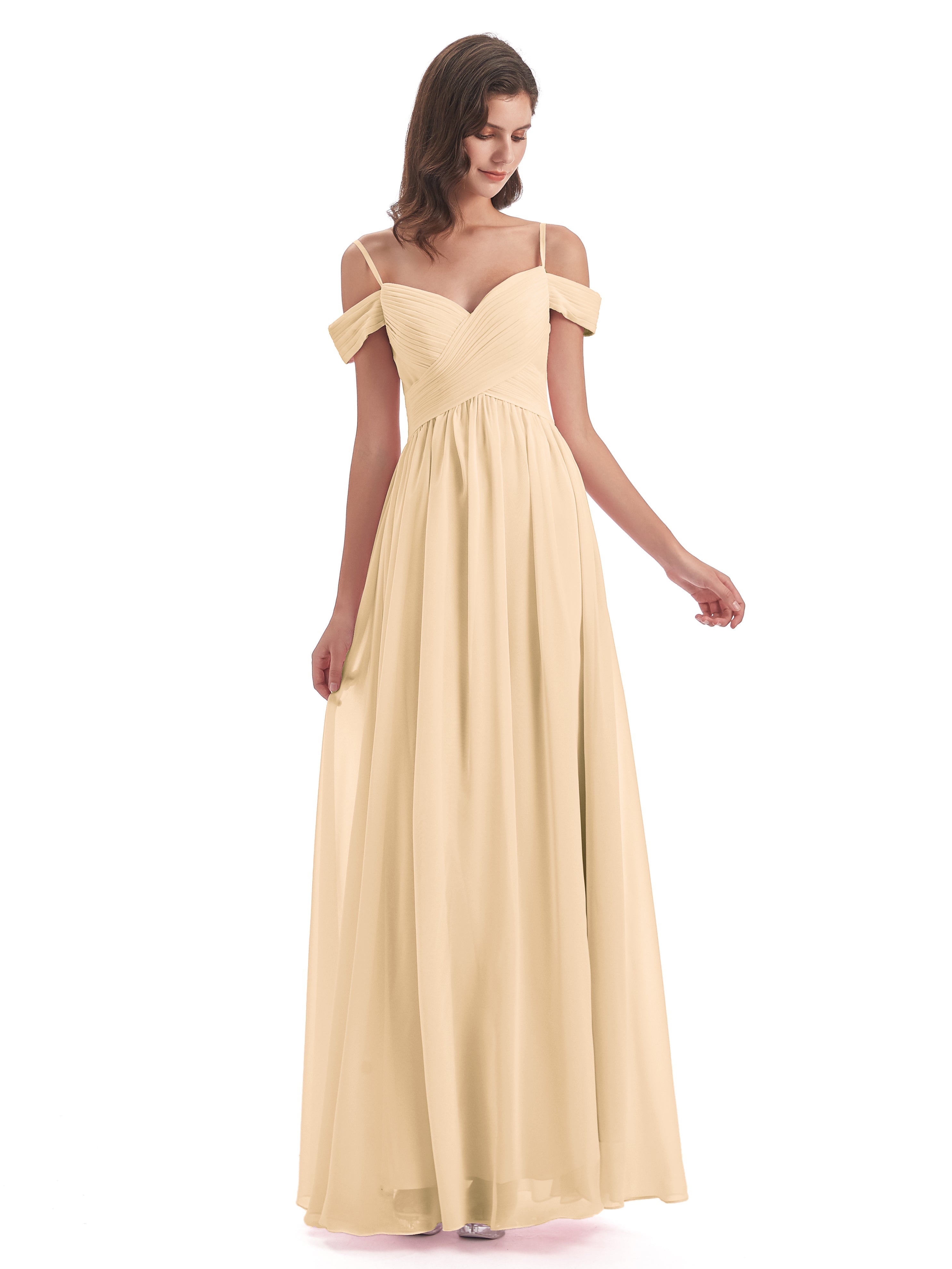 Robe Peche Demoiselle D Honneur Bretelles Spaghetti Trapèze Mousseline Robes Demoiselle D'Honneur