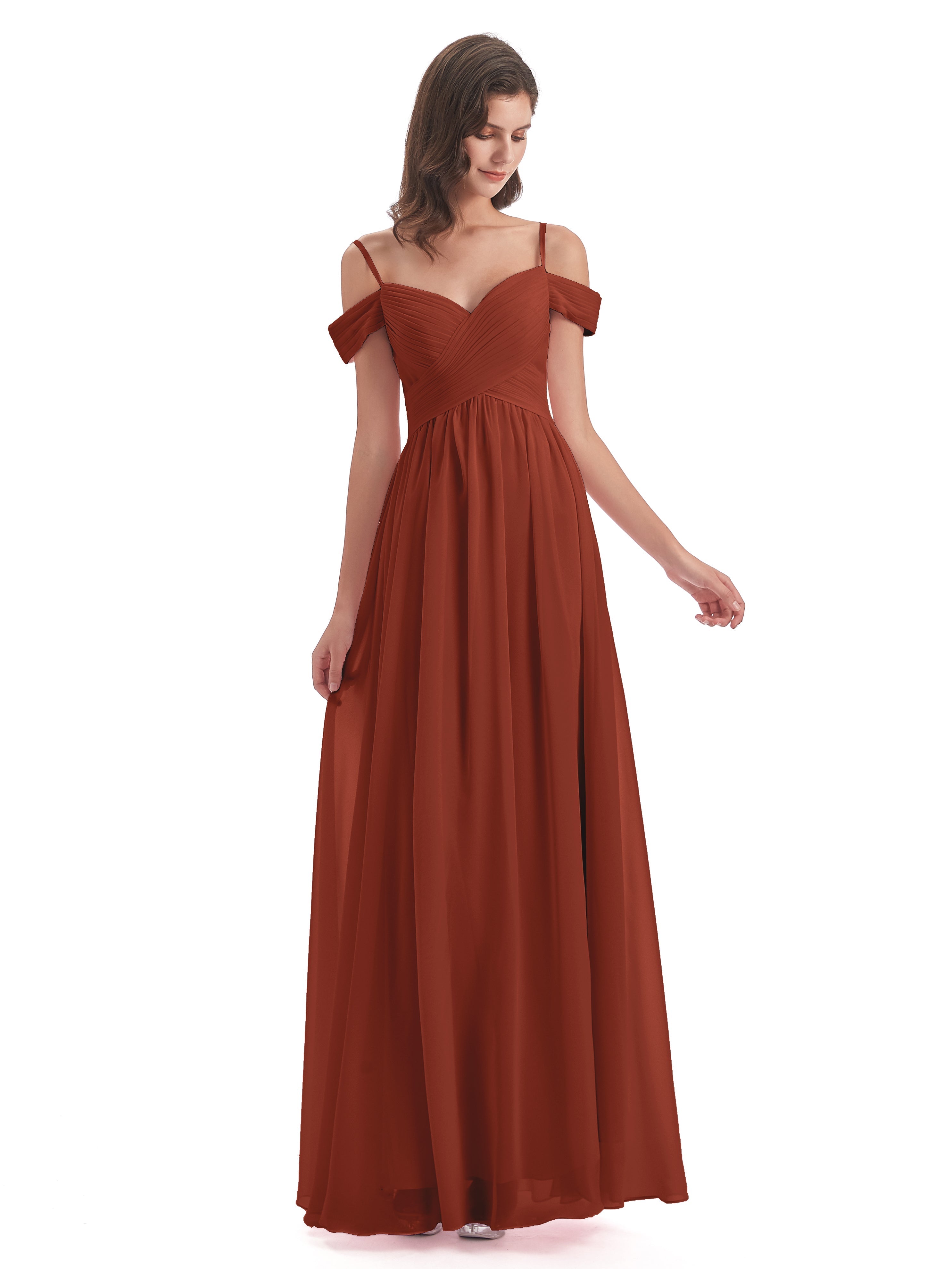 Robe Rouille Demoiselle D Honneur Bretelles Spaghetti Trapèze Mousseline Robes Demoiselle D'Honneur