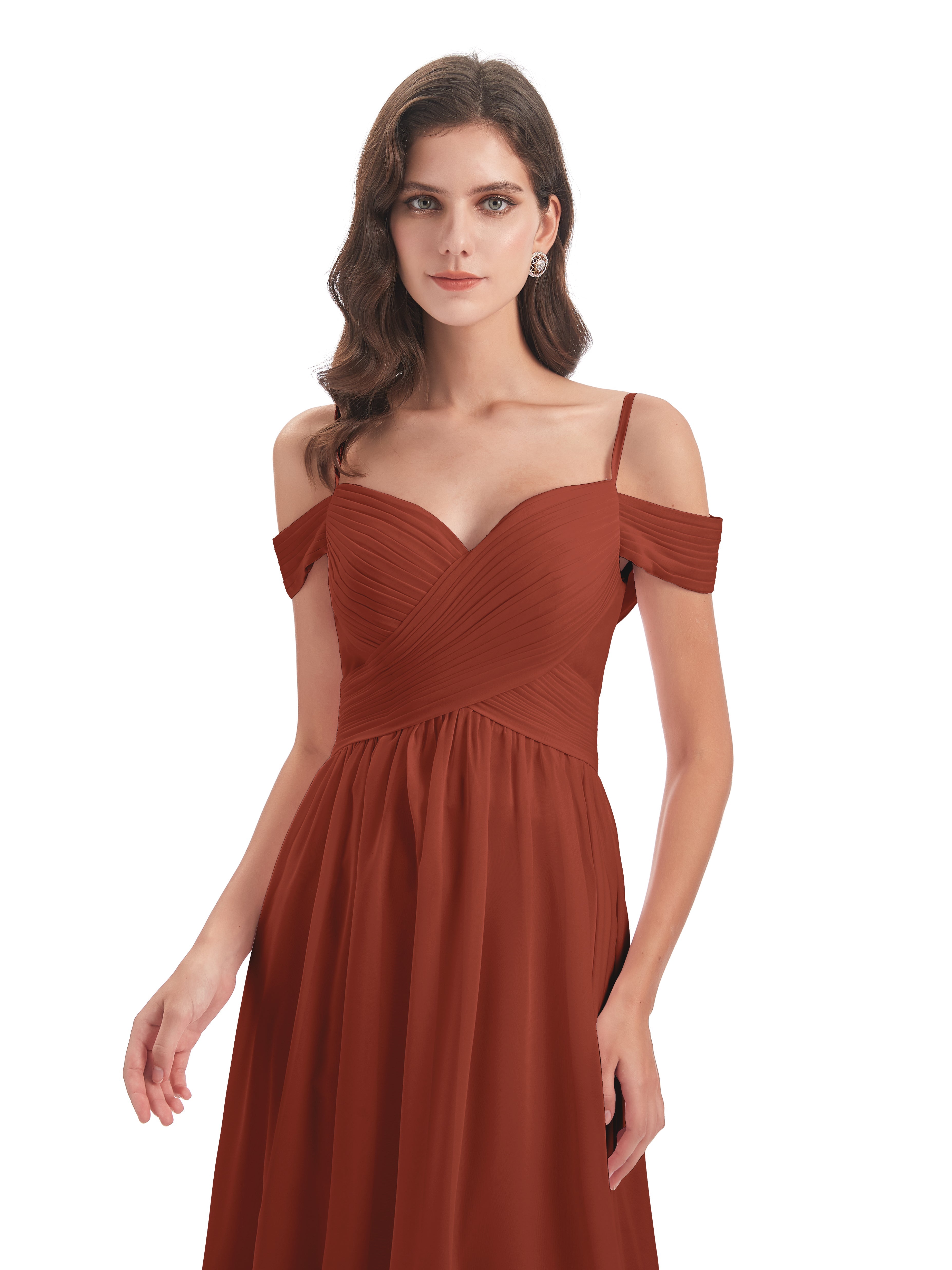 Robe Rouille Demoiselle D Honneur Bretelles Spaghetti Trapèze Mousseline Robes Demoiselle D'Honneur