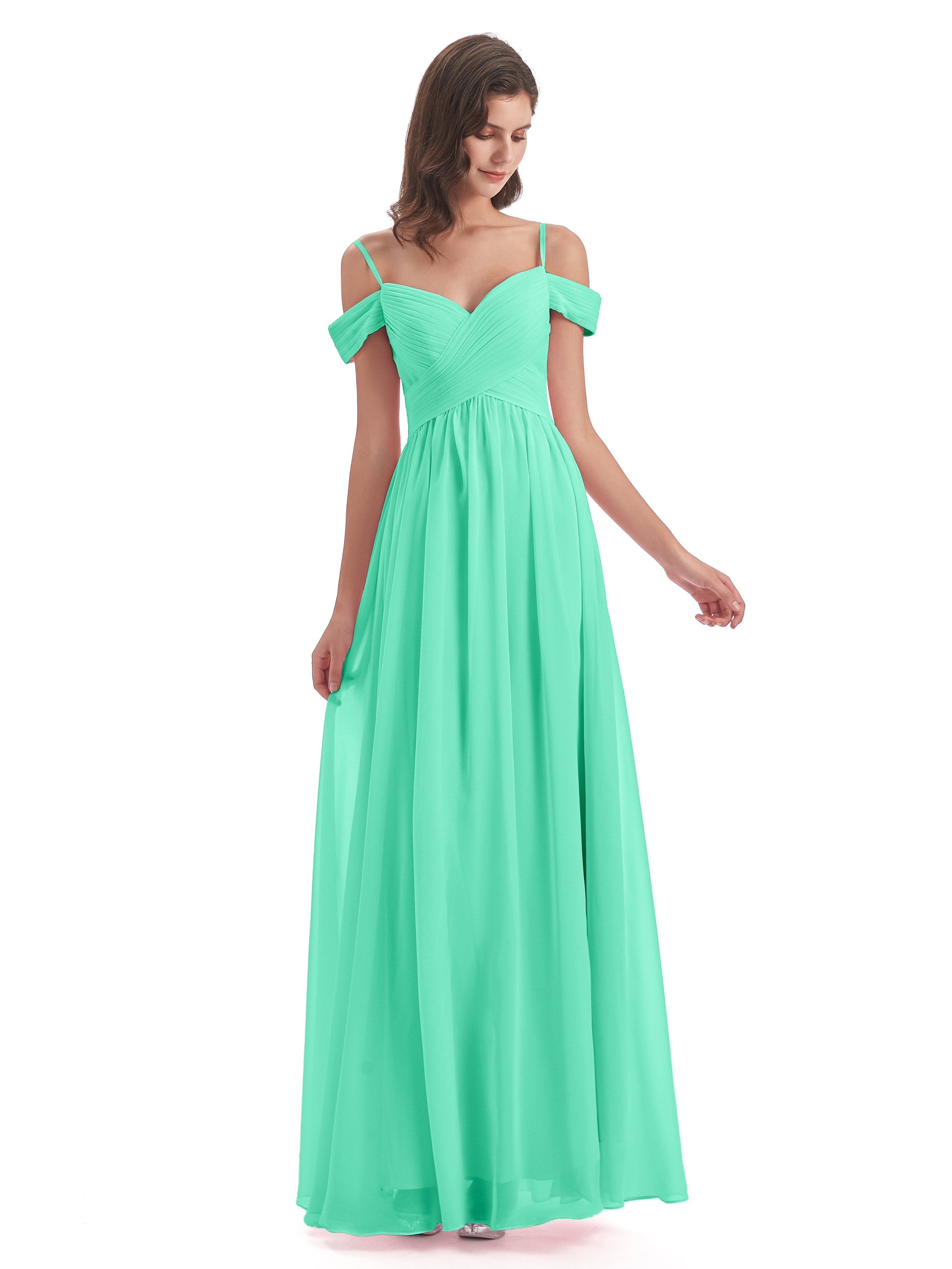 Robes De Demoiselle D'Honneur Turquoise Bretelles Spaghetti Trapèze Mousseline Robes Demoiselle D'Honneur