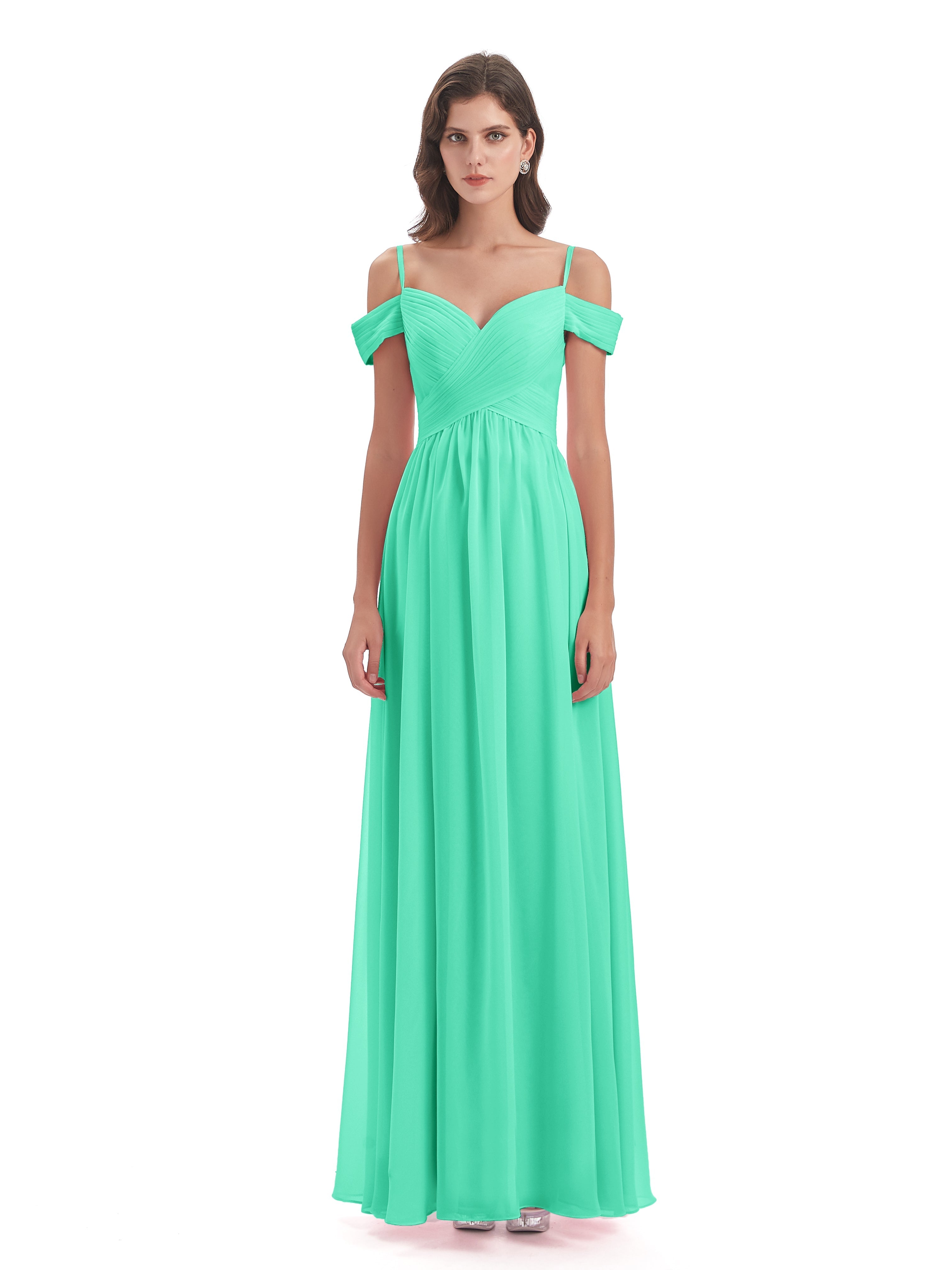 Robes De Demoiselle D'Honneur Turquoise Bretelles Spaghetti Trapèze Mousseline Robes Demoiselle D'Honneur