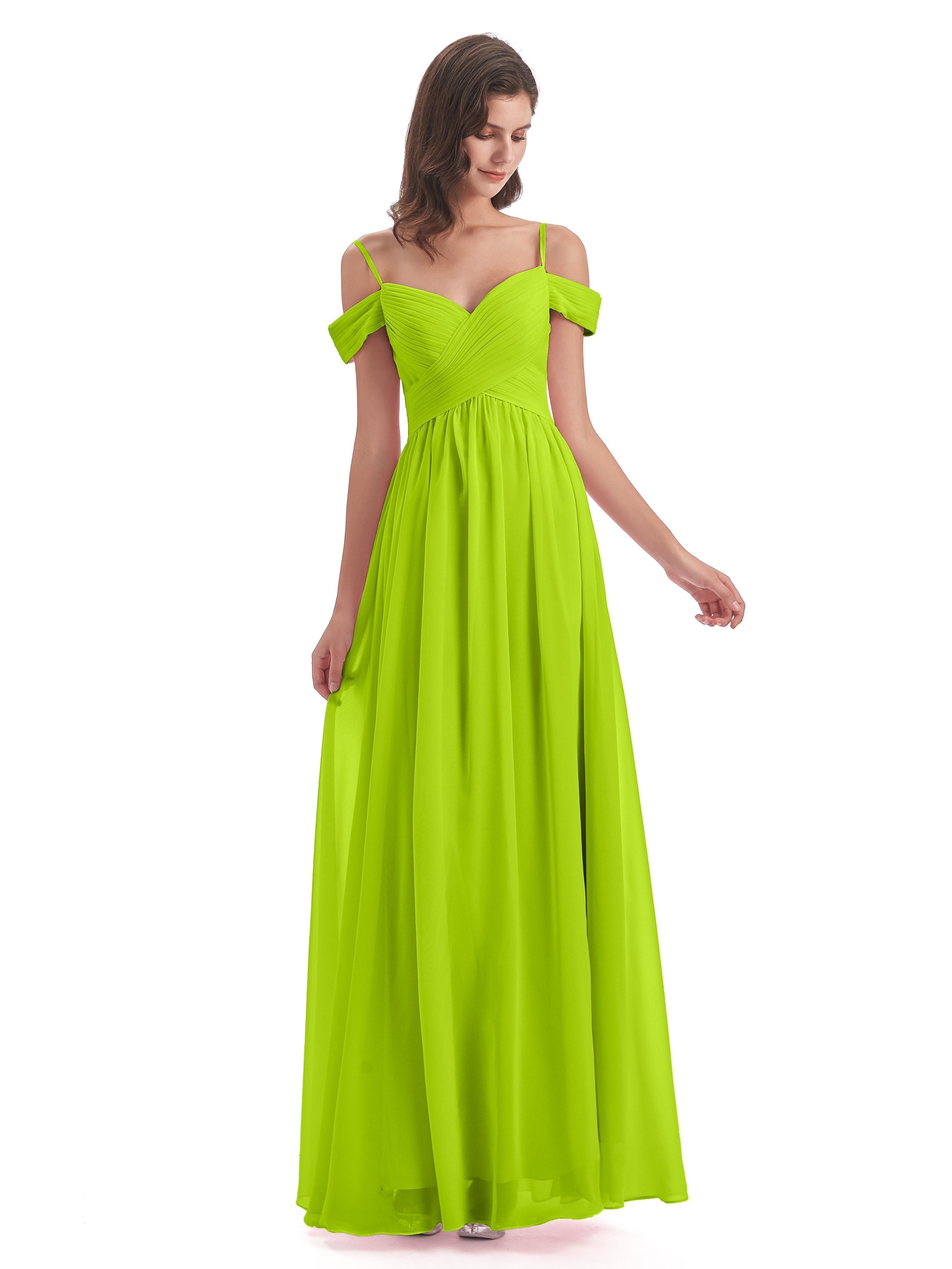 Robes De Demoiselle D'Honneur Vert Citron Bretelles Spaghetti Trapèze Mousseline Robes Demoiselle D'Honneur