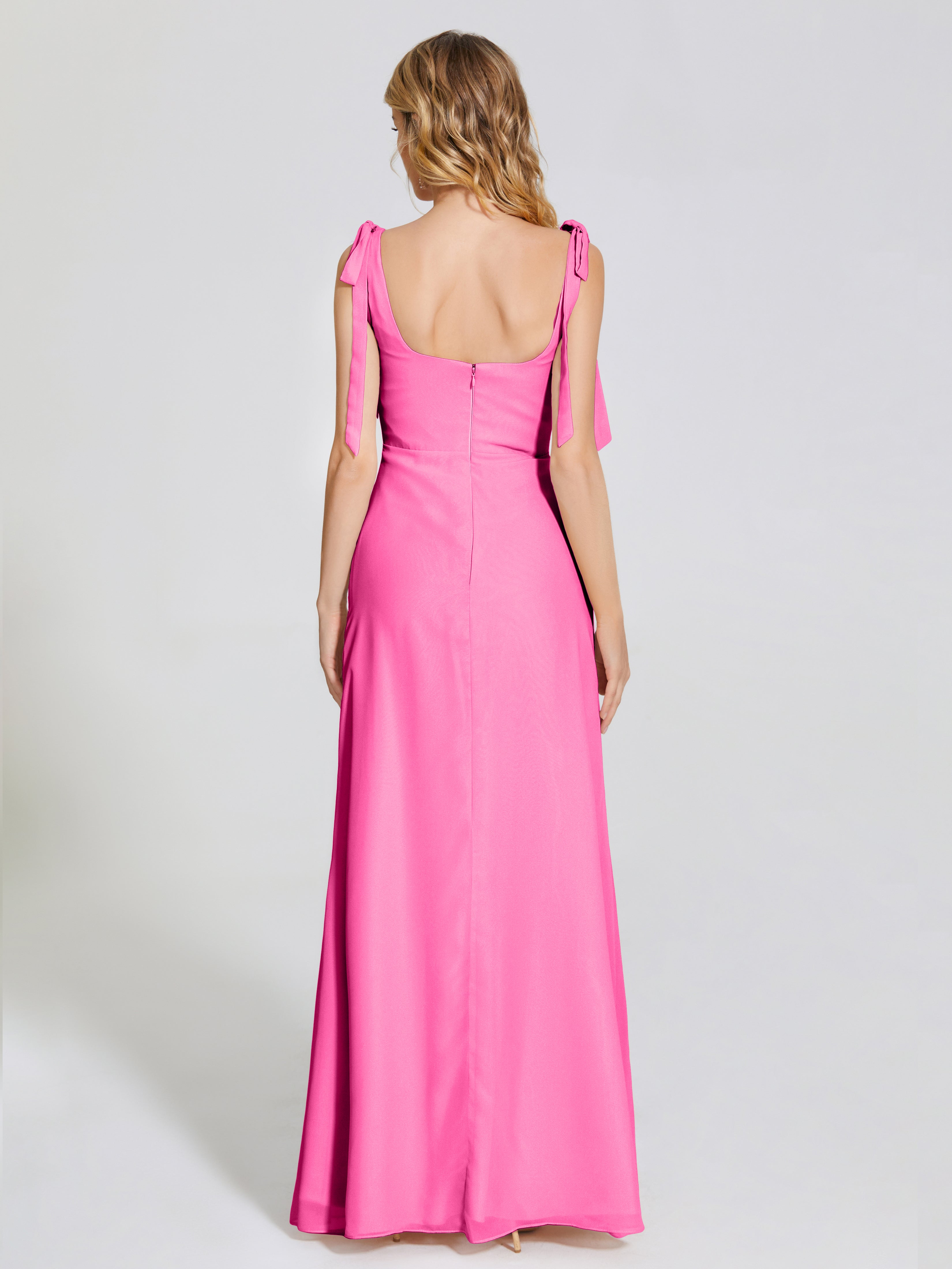 Robe Demoiselle D Honneur En Azalée Fendue Devant Encolure Carrée Mousseline Robe De Demoiselle D'Honneur