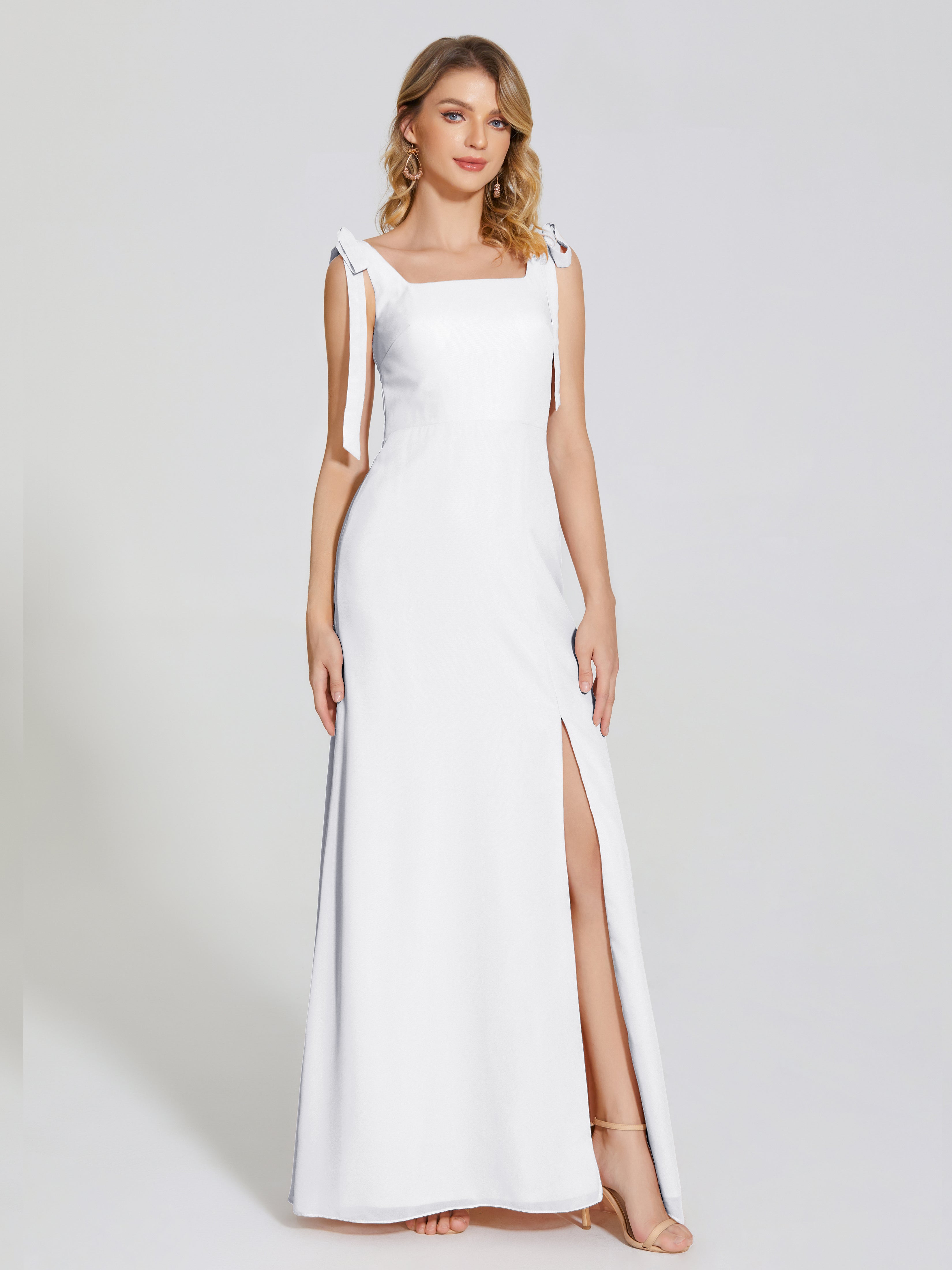 Robe Demoiselle D Honneur Blanche Adulte Fendue Devant Encolure Carrée Mousseline Robe De Demoiselle D'Honneur