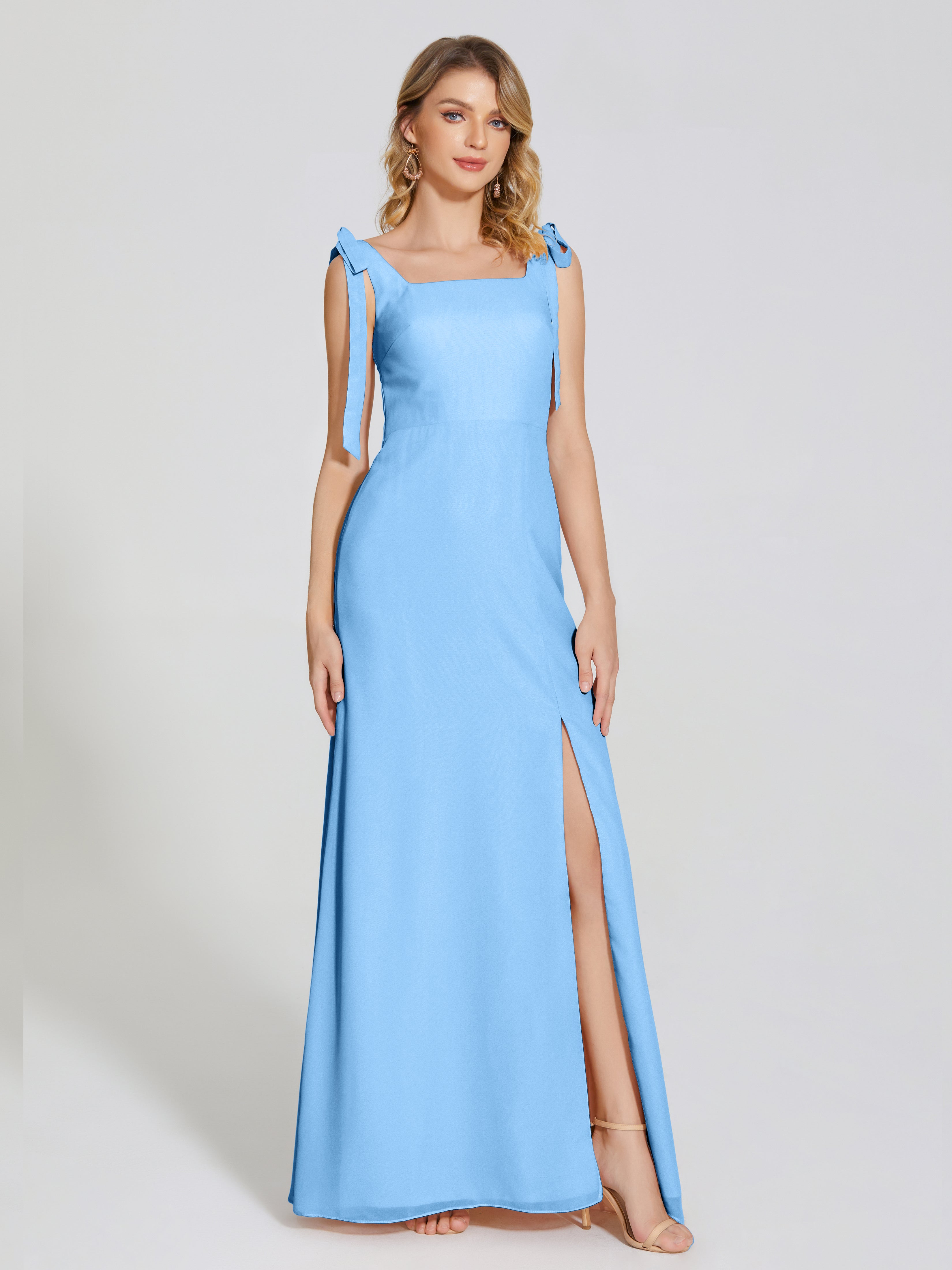 Robe Bleu Demoiselle D Honneur Fendue Devant Encolure Carrée Mousseline Robe De Demoiselle D'Honneur