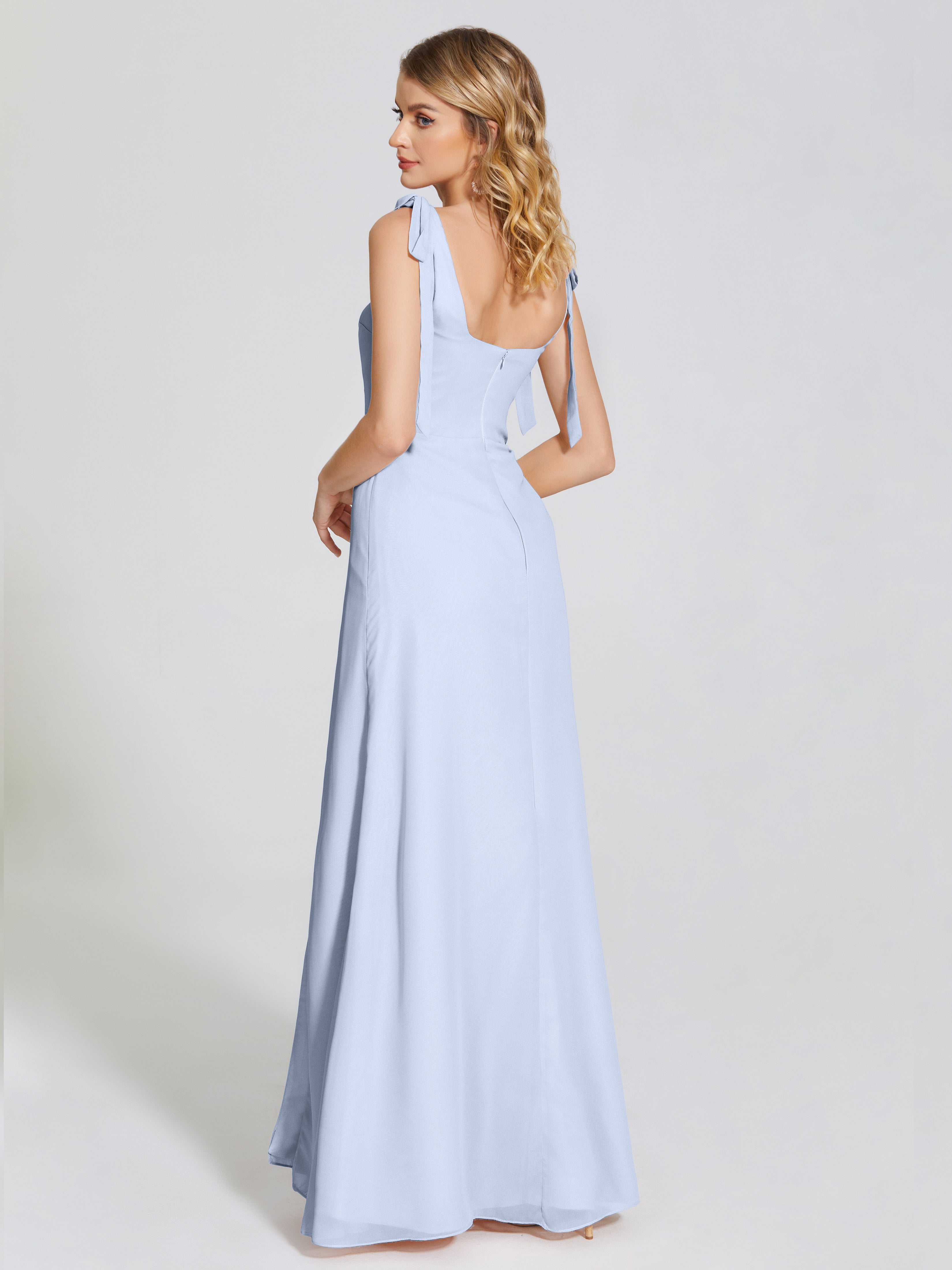 Robe Demoiselle D Honneur Bleu Ciel Fendue Devant Encolure Carrée Mousseline Robe De Demoiselle D'Honneur