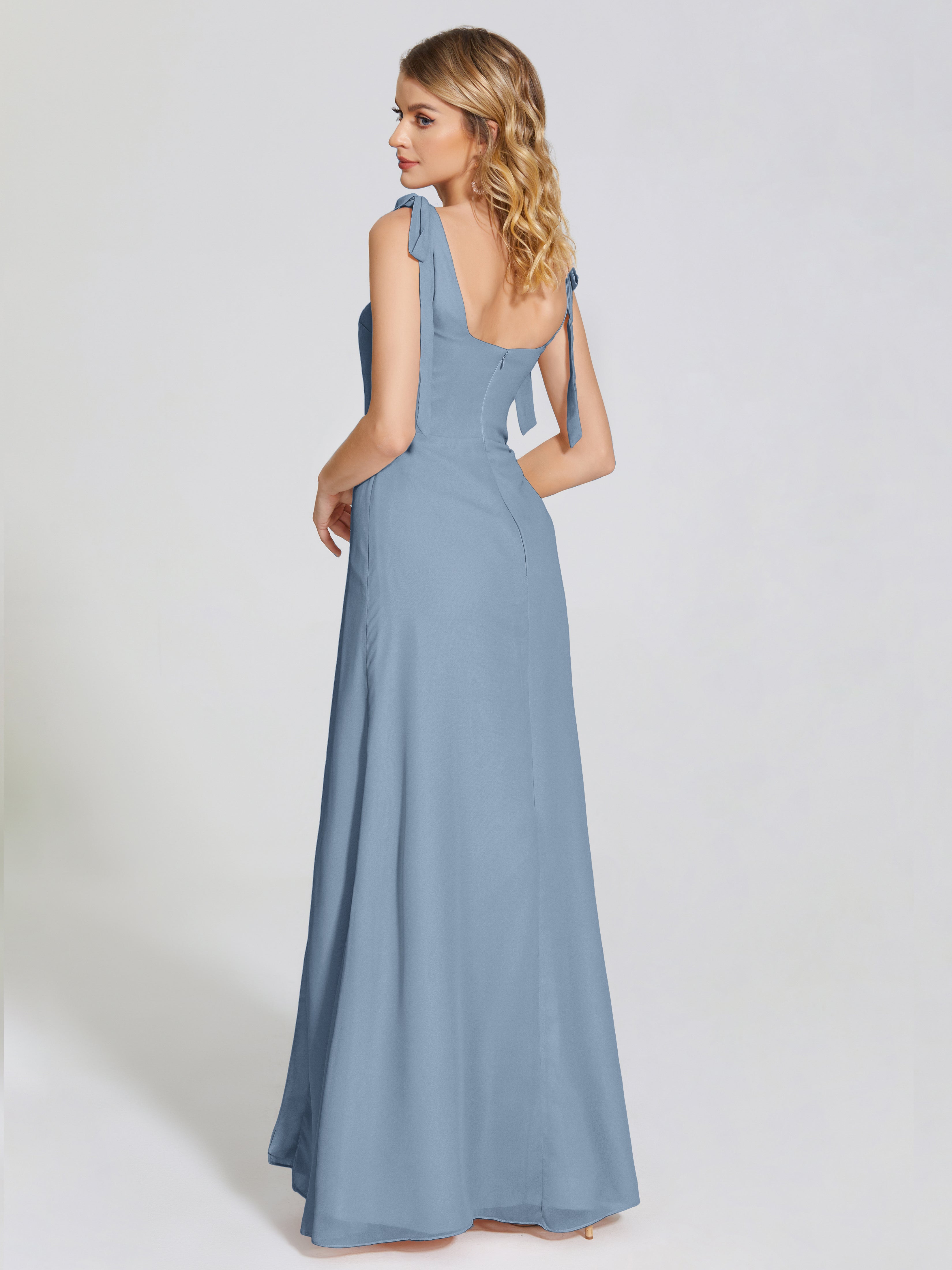 Robes De Demoiselle D'Honneur Bleu De Schiste Fendue Devant Encolure Carrée Mousseline Robe De Demoiselle D'Honneur