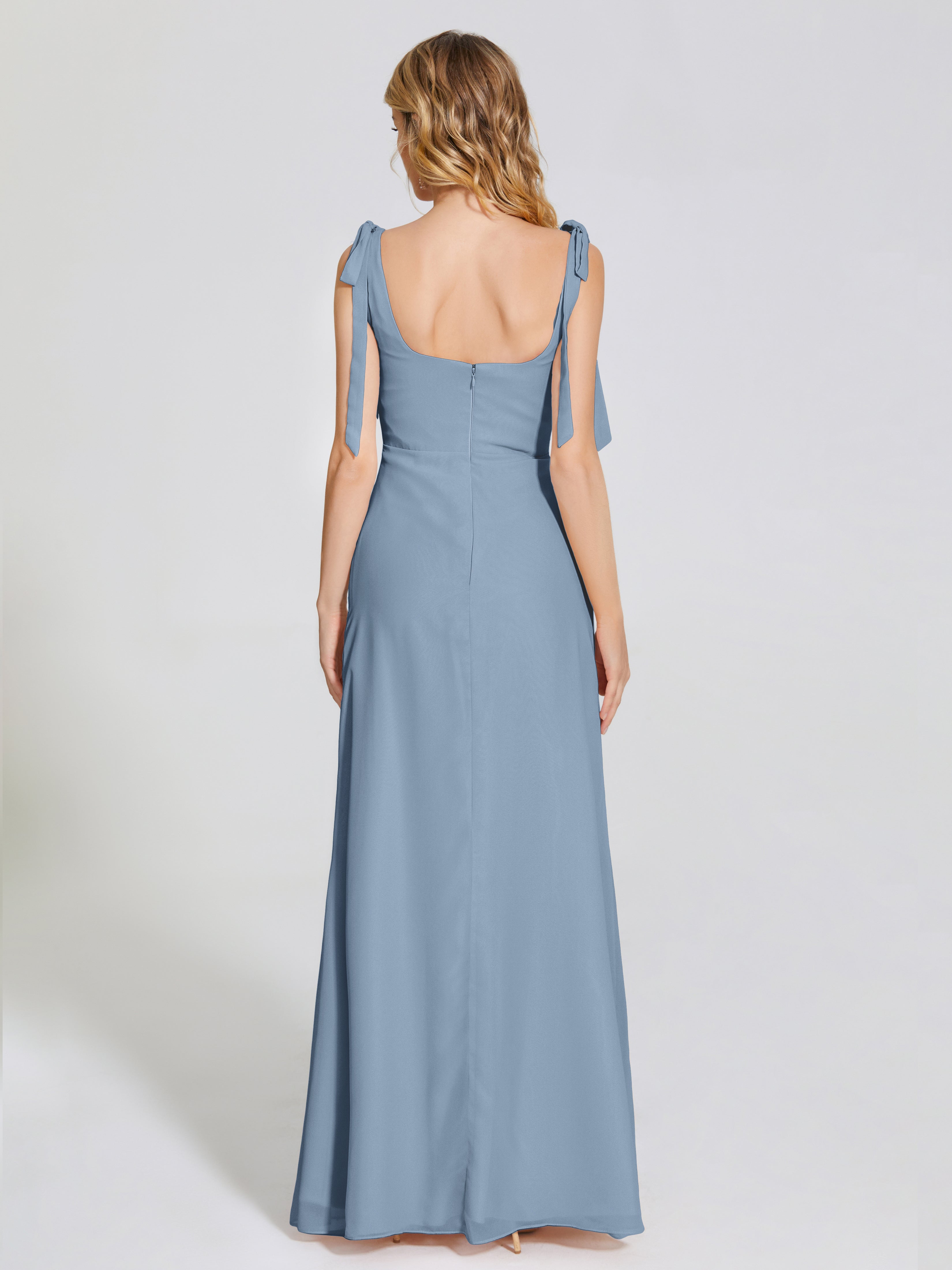 Robes De Demoiselle D'Honneur Bleu De Schiste Fendue Devant Encolure Carrée Mousseline Robe De Demoiselle D'Honneur