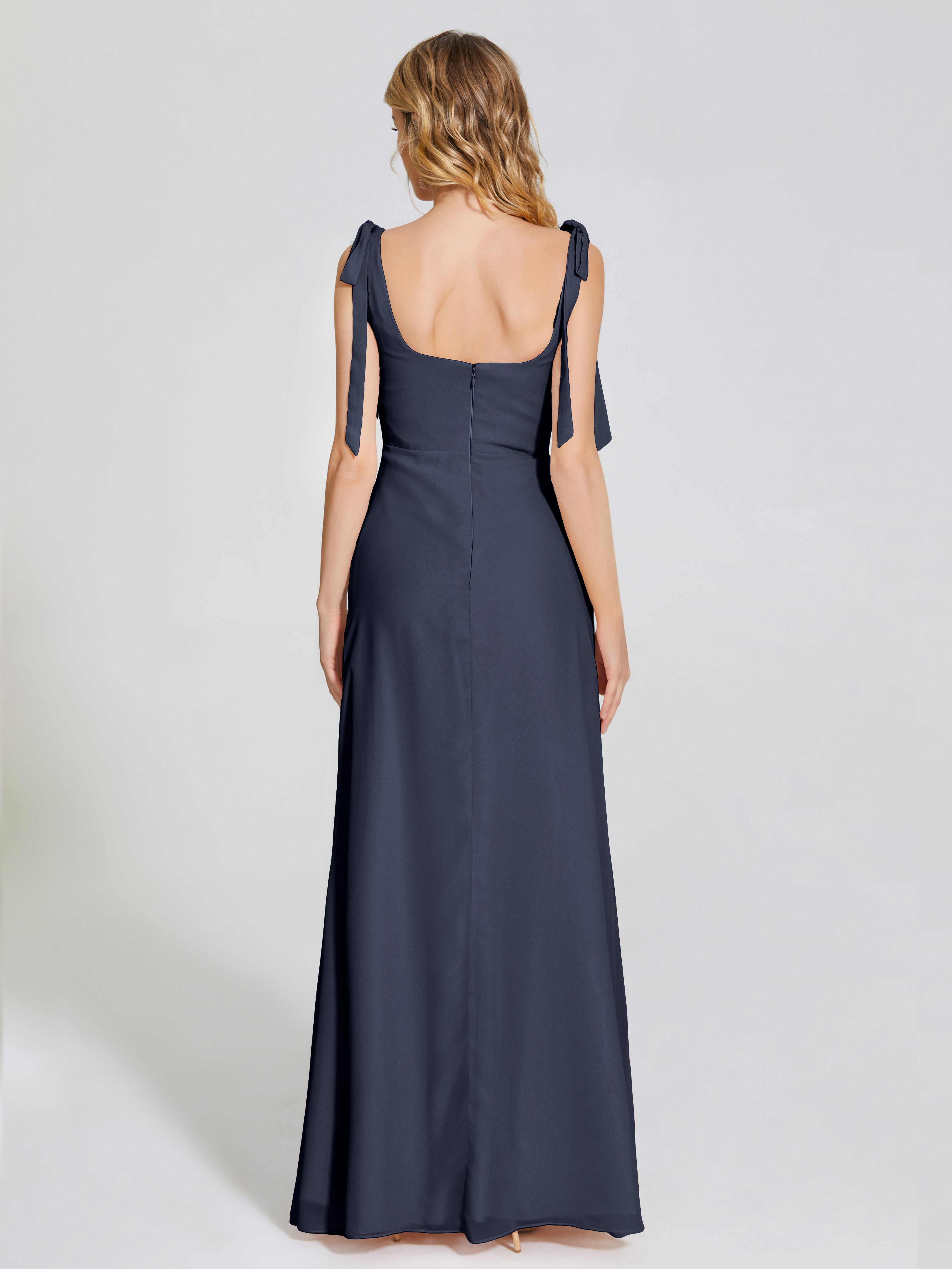 Robe De Demoiselle D Honneur Bleu Marine Fendue Devant Encolure Carrée Mousseline Robe De Demoiselle D'Honneur