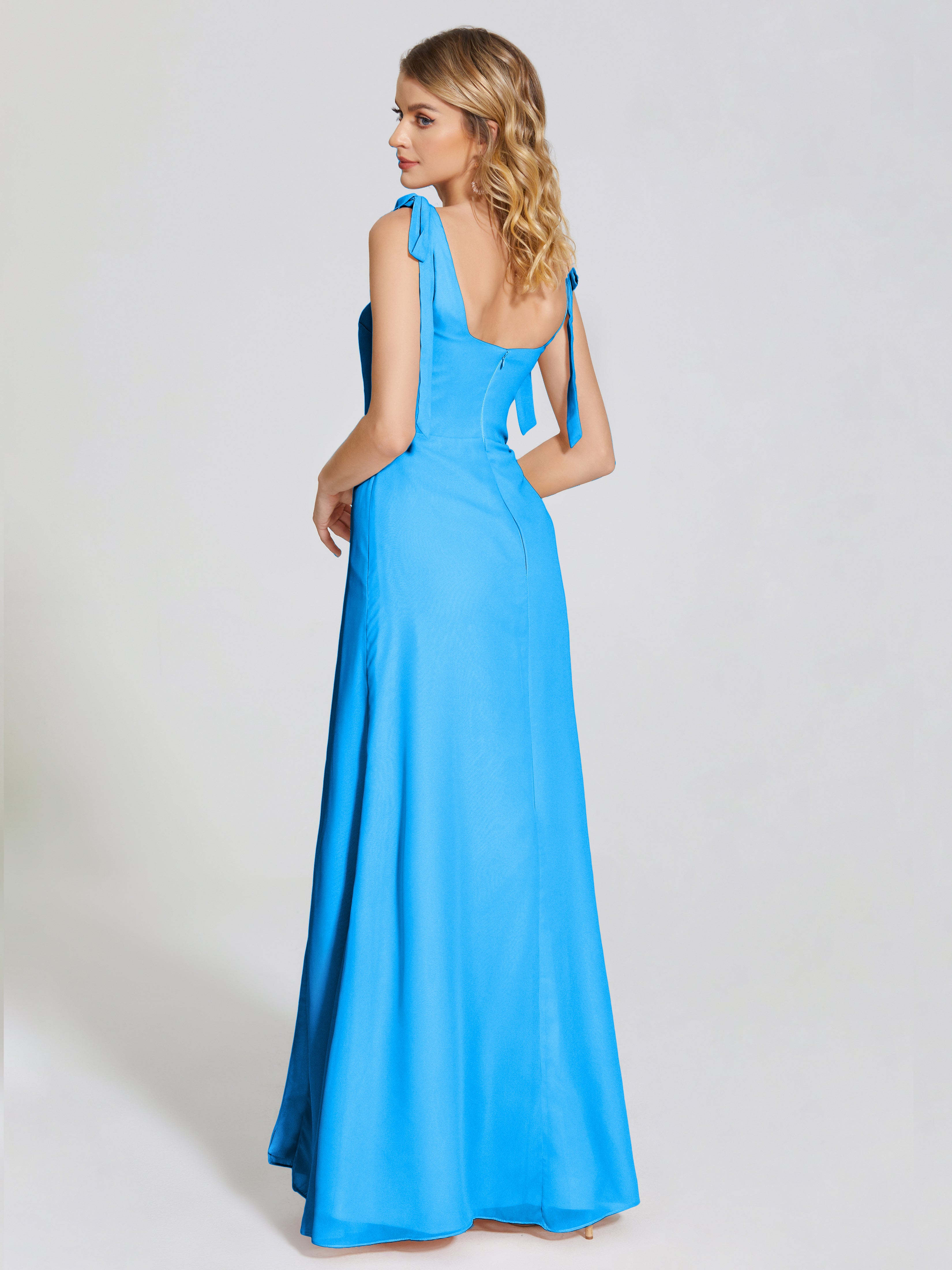 Robes De Demoiselle D'Honneur Bleu Océan Fendue Devant Encolure Carrée Mousseline Robe De Demoiselle D'Honneur