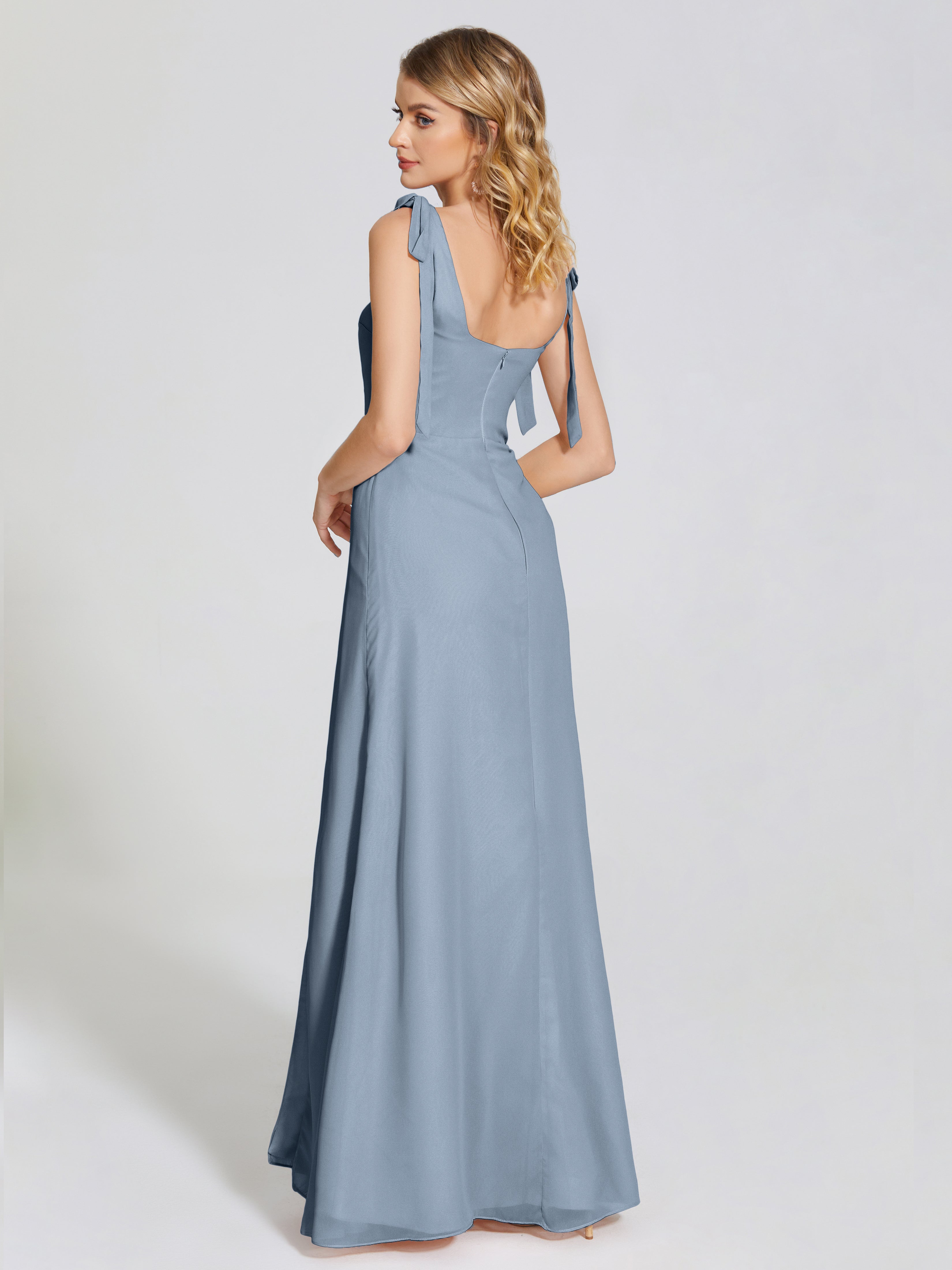 Robes De Demoiselle D'Honneur Bleu Gris Fendue Devant Encolure Carrée Mousseline Robe De Demoiselle D'Honneur