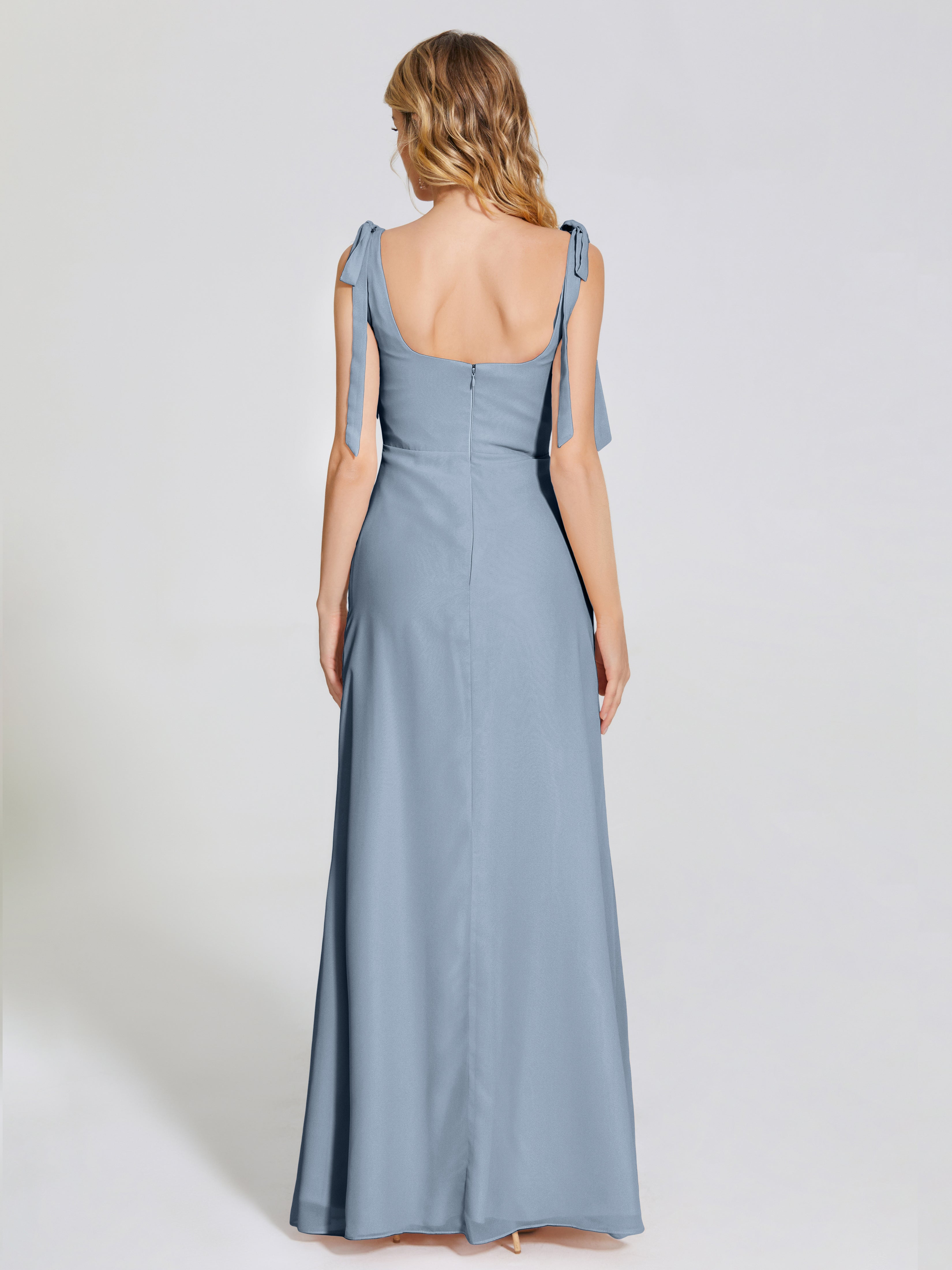 Robes De Demoiselle D'Honneur Bleu Gris Fendue Devant Encolure Carrée Mousseline Robe De Demoiselle D'Honneur