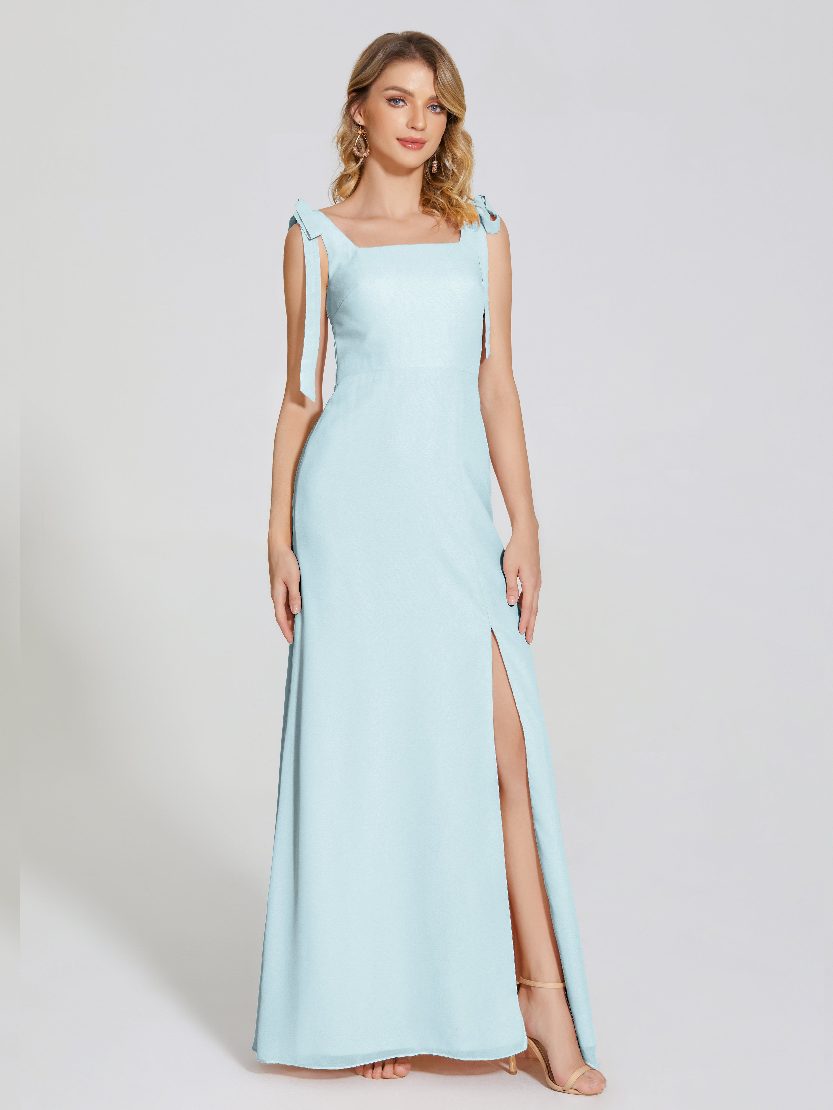 Robe De Demoiselle D'Honneur Brume Fendue Devant Encolure Carrée Mousseline Robe De Demoiselle D'Honneur